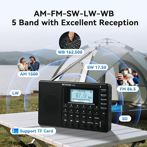 Miniatura 2 de Retekess V115P Radio portátil de onda corta, radio AM FM SW WB recargable, conexión inalámbrica, batería de 1800 mAh, sintonizador digital, TFAUX,
