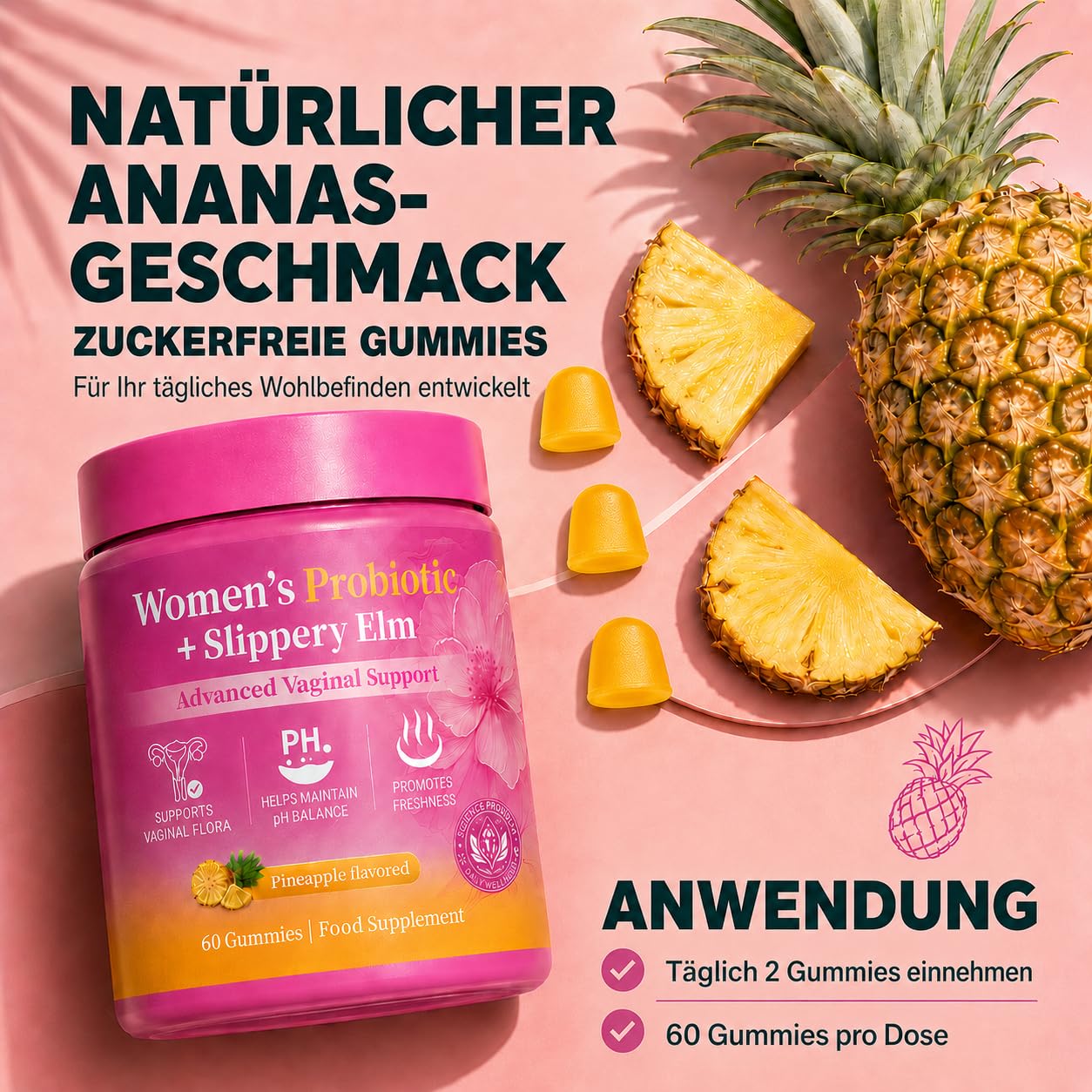 Probiotika Gummies für Frauen, 60 Stück – Cortisol Cocktail Routine, Milchsäurebakterienkulturen mit Roter Ulmenrinde & XOS, Ananasgeschmack, zuckerfrei, vegan, glutenfrei