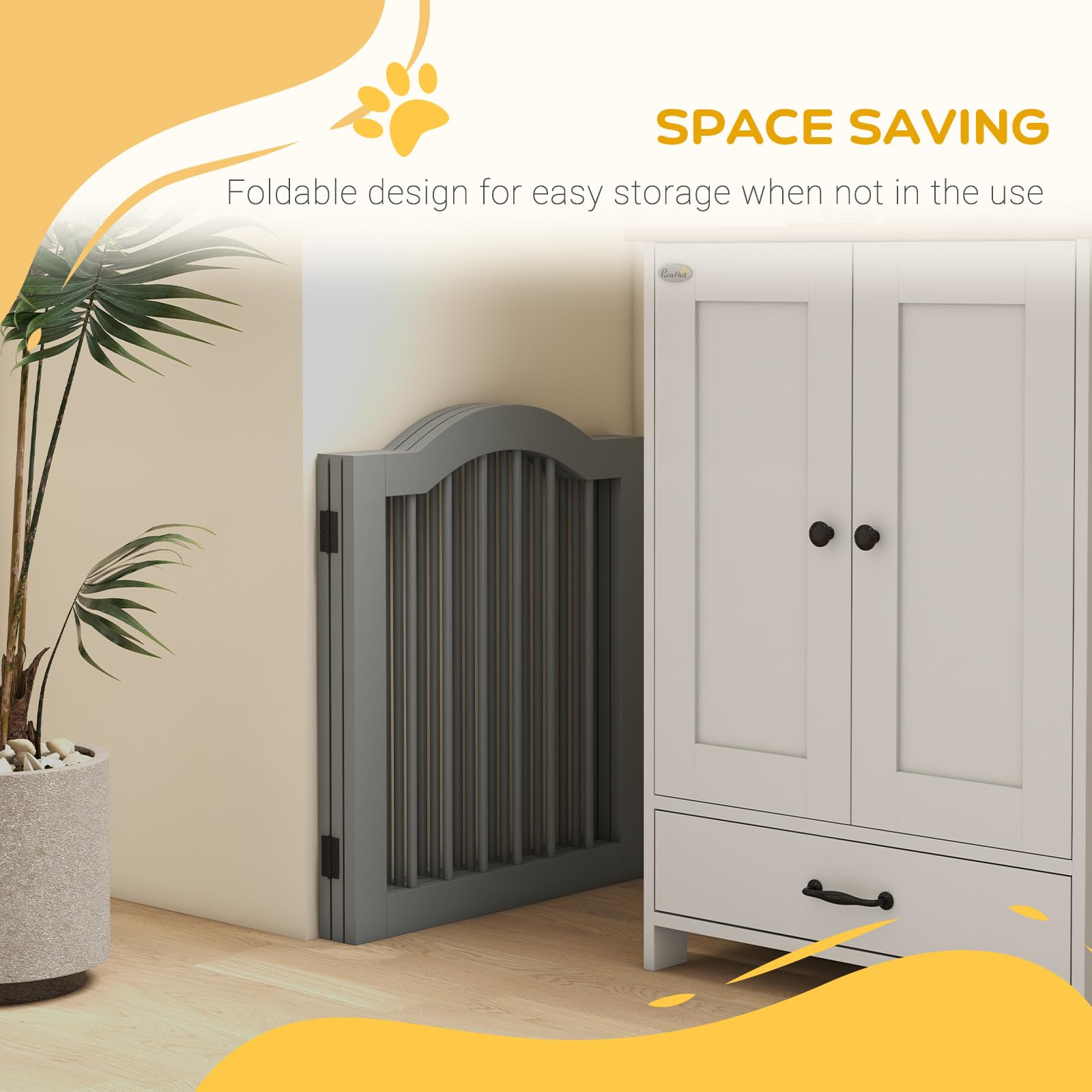 PawHut Freestanding Pet Gate Wooden Dog Gate with Support Feet Foldable Pet Fence Safety Barrier for the House Doorway Stairs Light Grey - Image 4