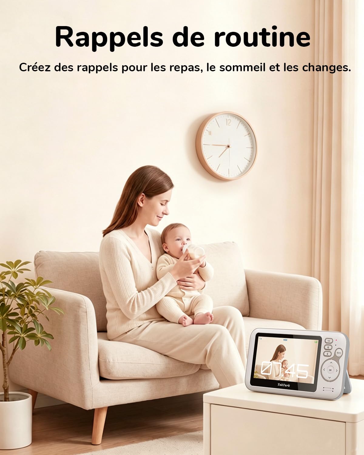 TakTark Babyphone Camera, Babyphones 4.3'' IPS Babyphone Vidéo, Camera Bebe Surveillance, Visiophone Bébé, VOX, Vision Nocturne, Communication Bidirectionnelle, Capteur de Température