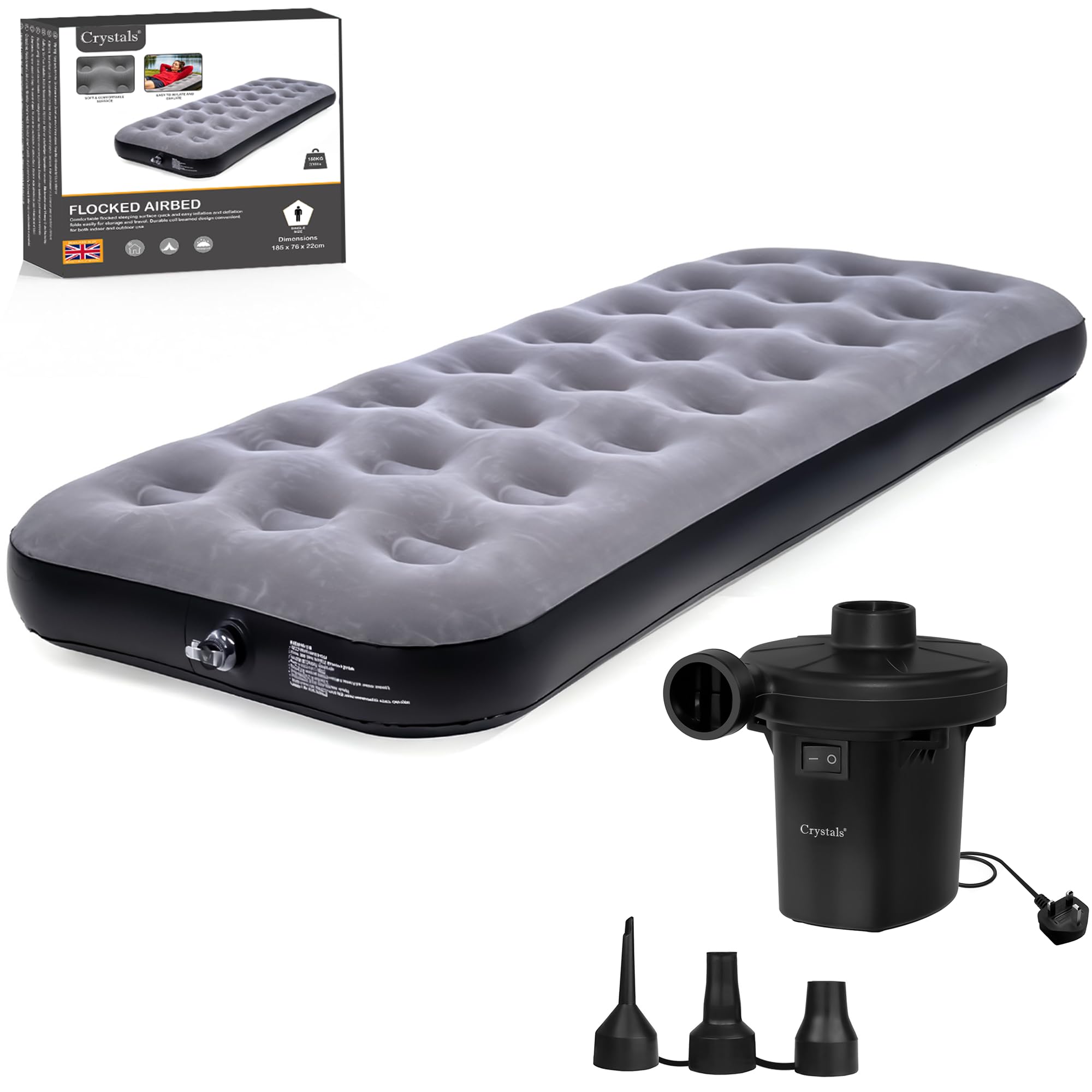 Crystals Single Blow Up Airbed + Electric Air Pump, Quick Inflatable Air Mattress for Adults & Kids, Waterproof Camping Mattress, Inflatable AirBed for Indoor & Outdoor Adventures