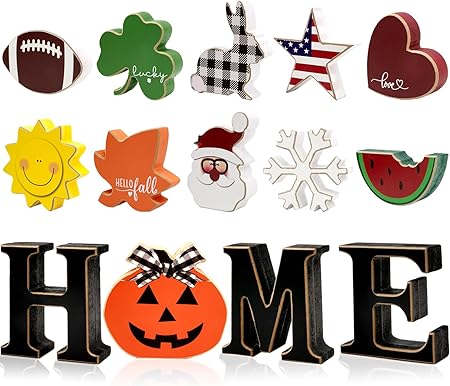 Interchangeable Home Table Signs with 11Pcs Seasonal Icons, Wooden "HOME" Letter Signs Interchangeable Holiday Decorative Table Shelf Centerpiece for Holiday Room Decoration
