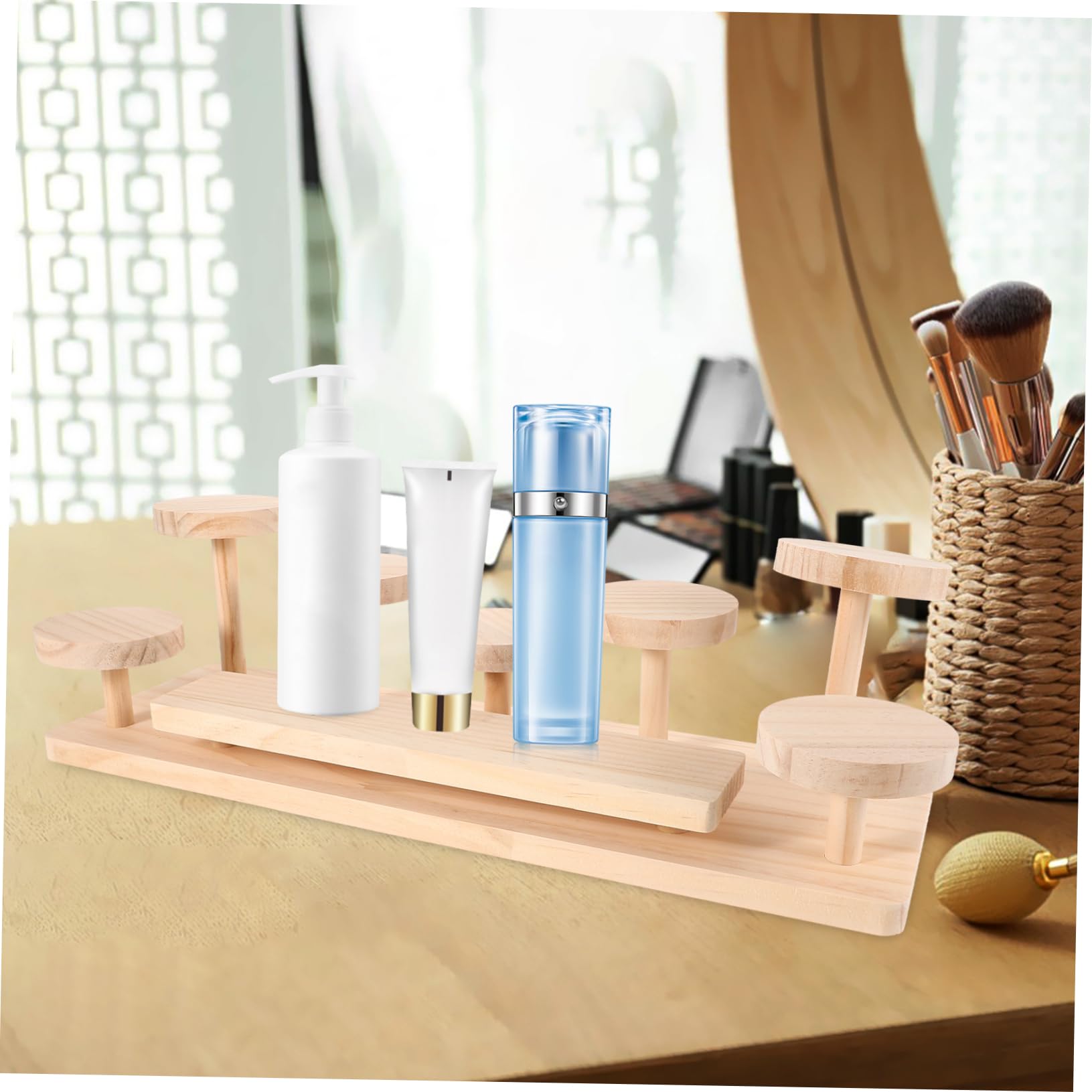 Espositore da Tavolo per Cosmetici e Profumi in Legno Beige | Organizzatore da Scrivania, per Piante e Skincare, Design Sobrio Minimale