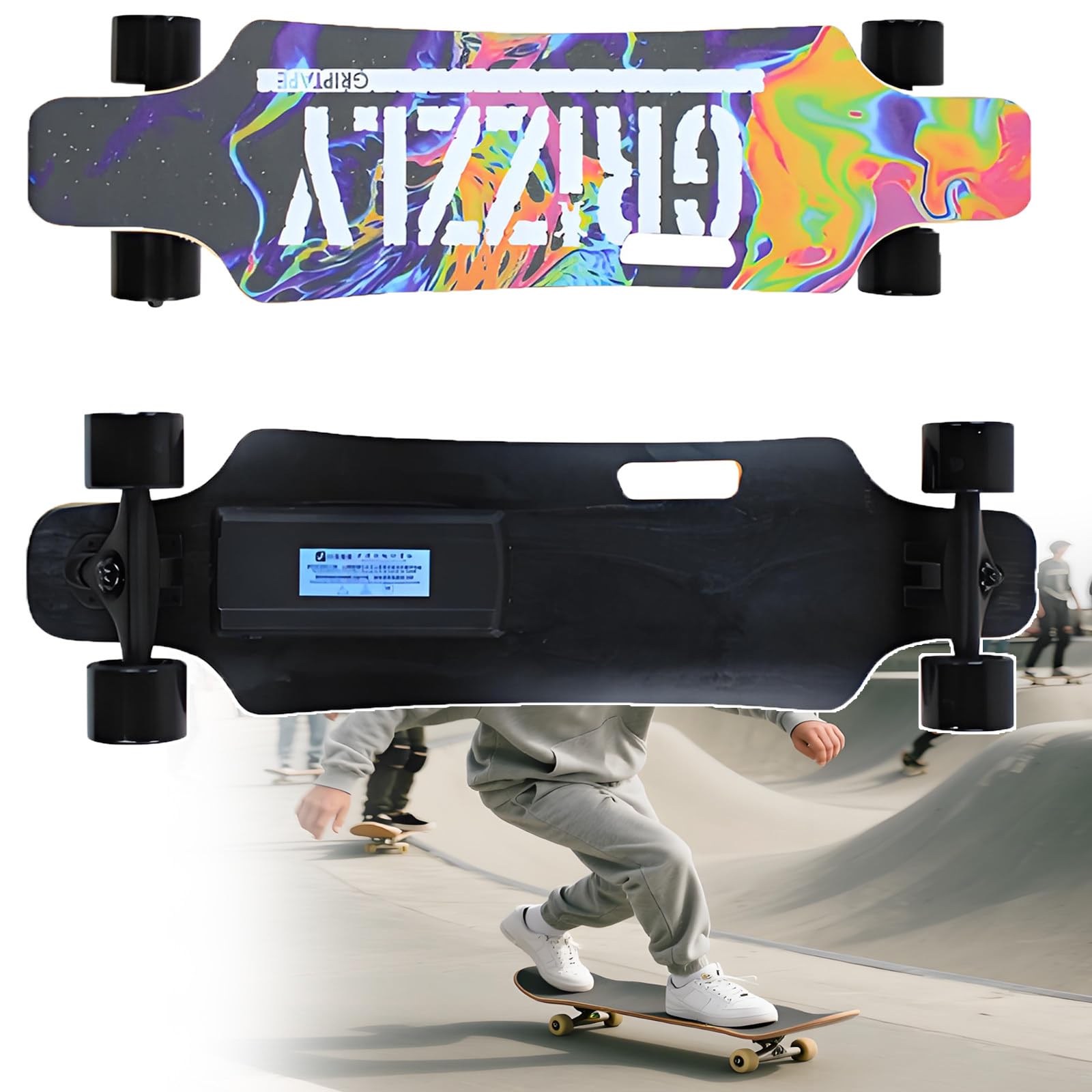 Nuovo Longboard Elettrico con Telecomando - Skateboard Elettrici A 4 velocità con Telecomando, Autonomia 25 Km (15,6 mph), Autonomia 8 Km (9,4 Mi) | Skateboard Elettrici per Adulti TypeC