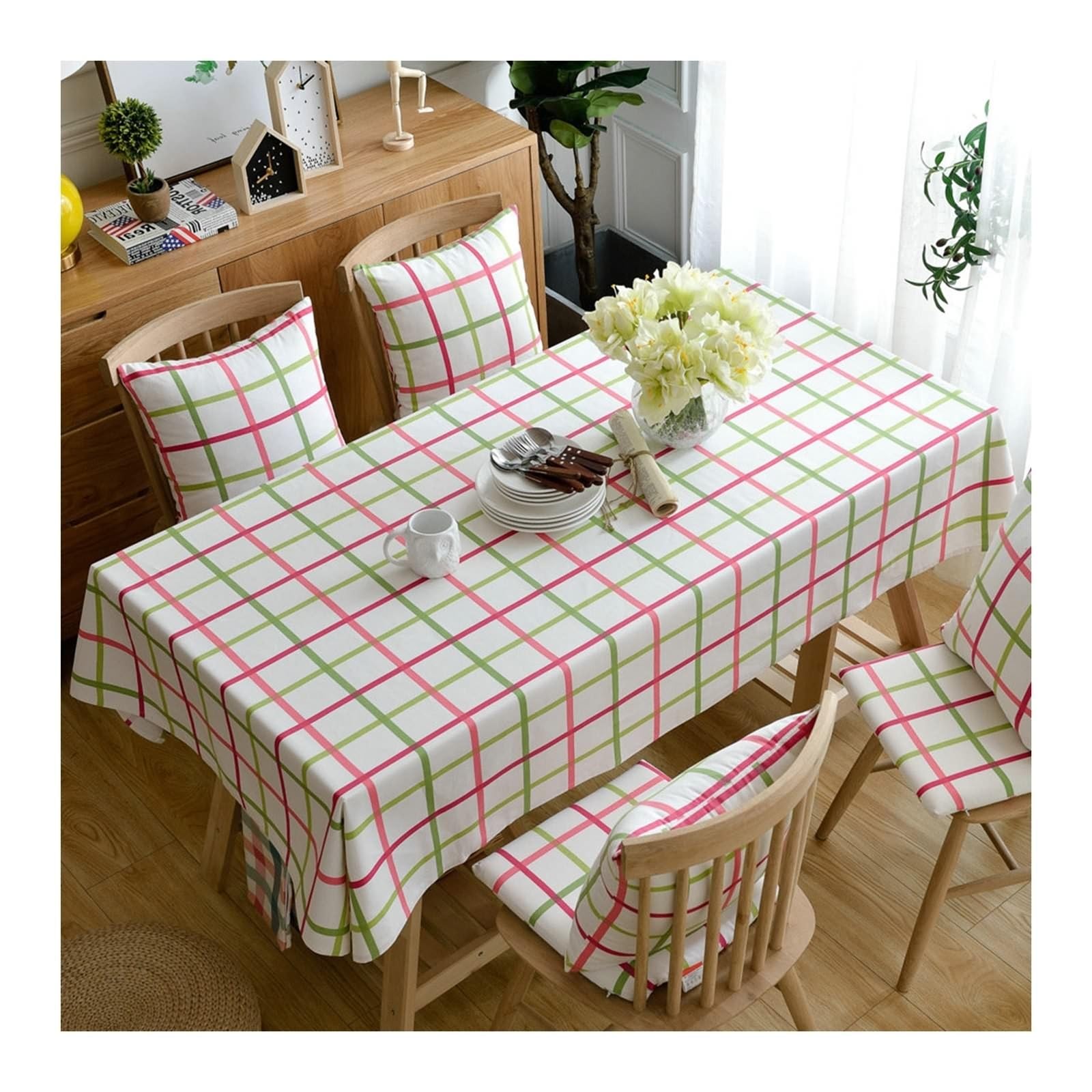 Tischdecke Abwaschbar 135X200CM, Baumwolle Tablecloth Quadratisches Gitter Rot Grün Tischdecke Rechteck