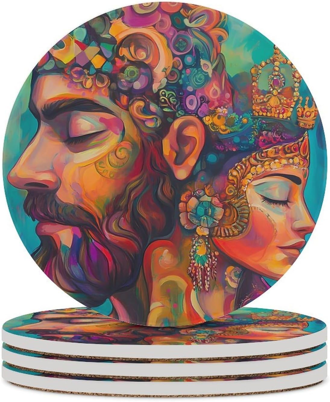 African American Couple Painting Round Ceramic Coasters for Drinks Absorbent Cup Holder Tabletop Protector with Cork Base