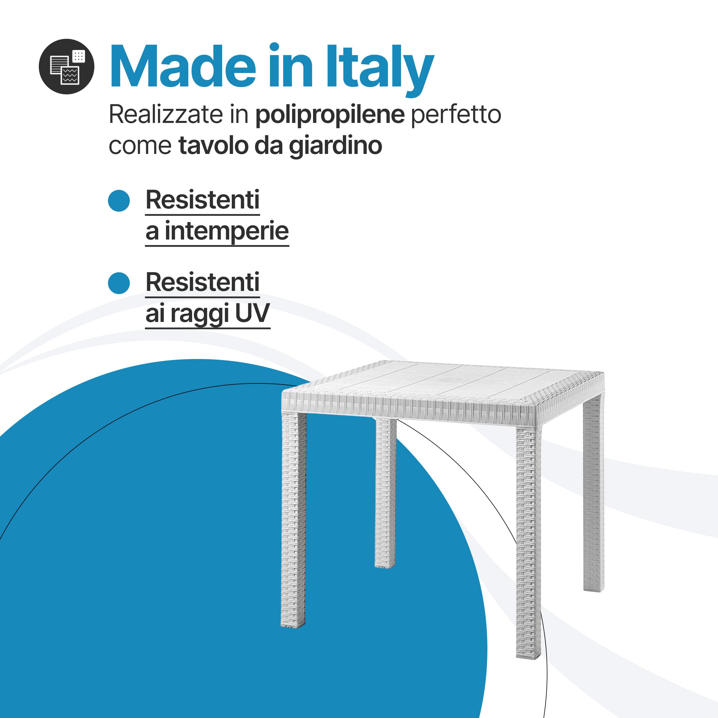 Tomaino - Tavolo da giardino in plastica quadrato 80x80 - Tavolino per esterno 4 posti effetto rattan per casa, bar e ristorante con foro per ombrellone (Bianco)