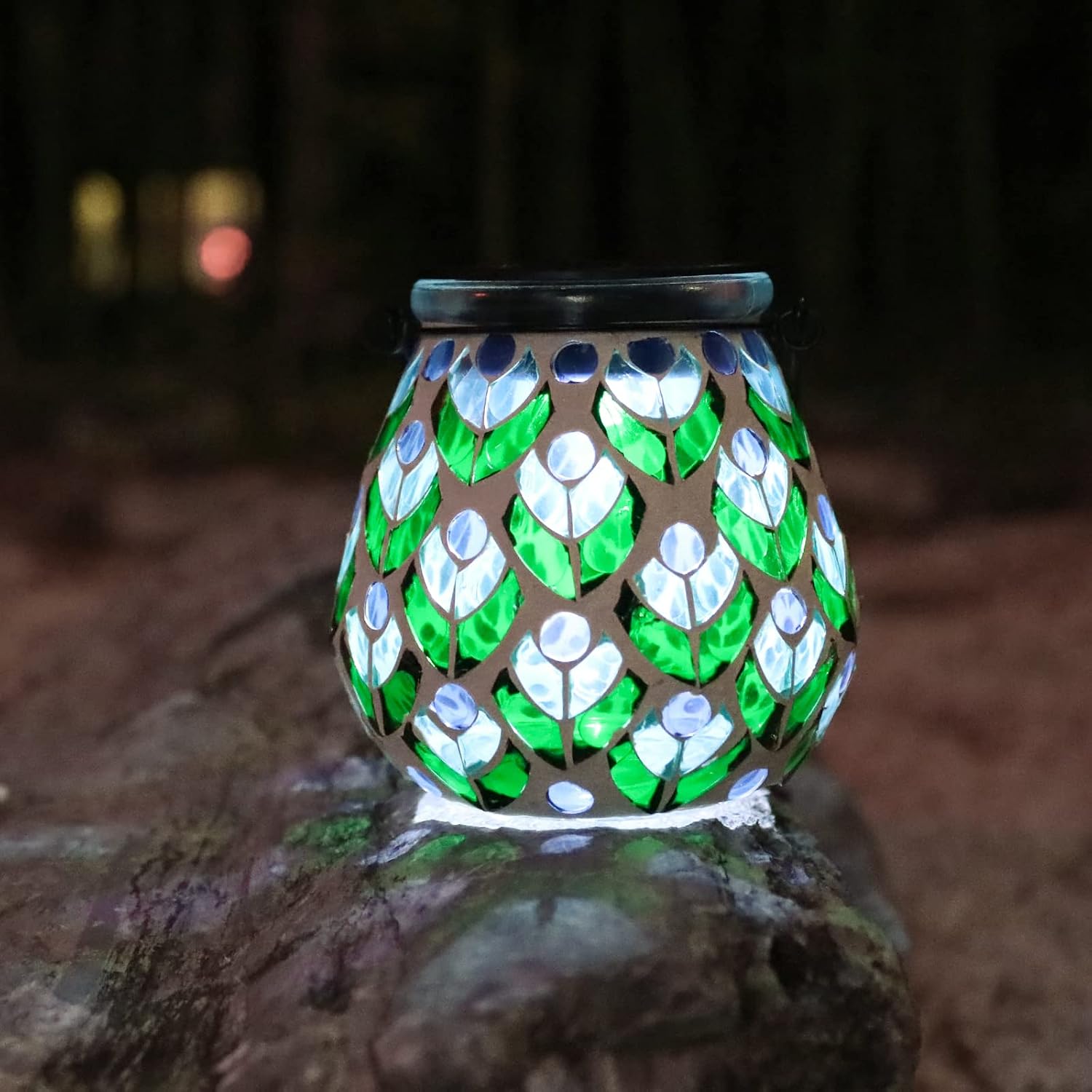 Outdoor Solar Lantern Waterproof Mosaic Glass Hanging Garden Light Floral image 3