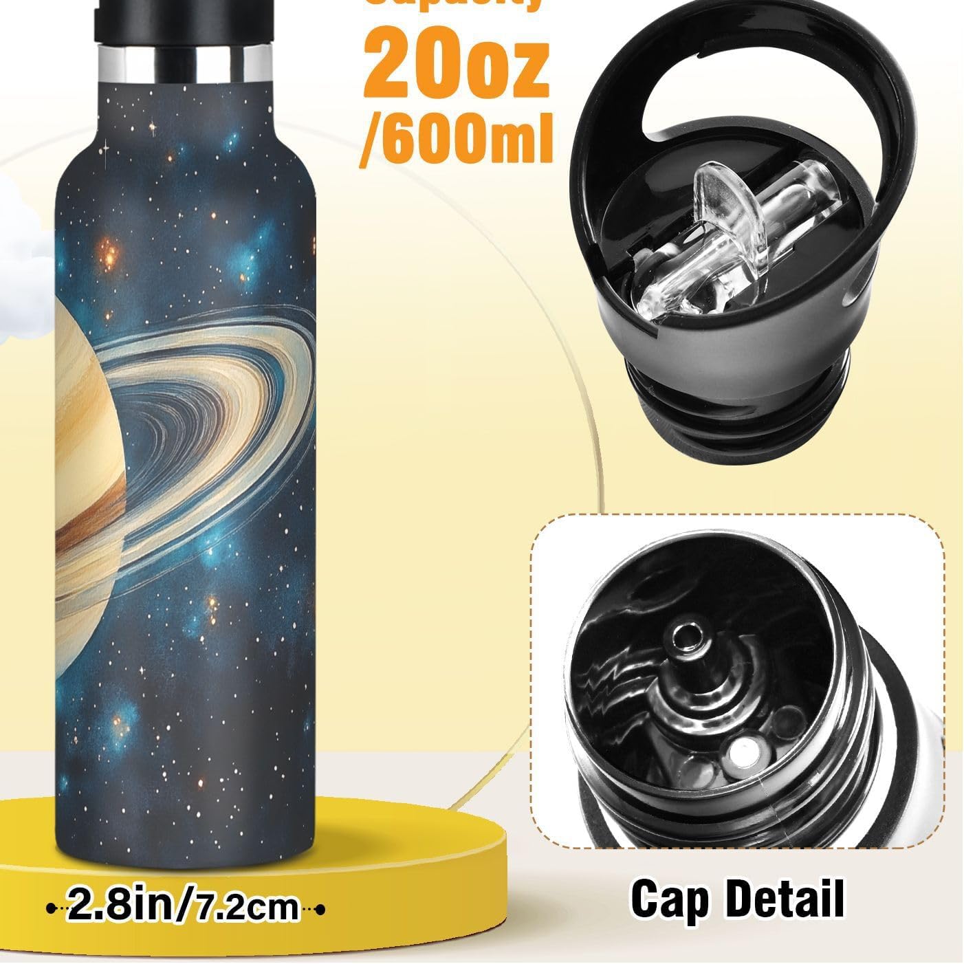 Sports Water Bottle Saturn Stainless Steel Beverage Container 20 oz Coffee Cup with Detachable Straw & Leakproof Lid for Office/Travel/Outdoor