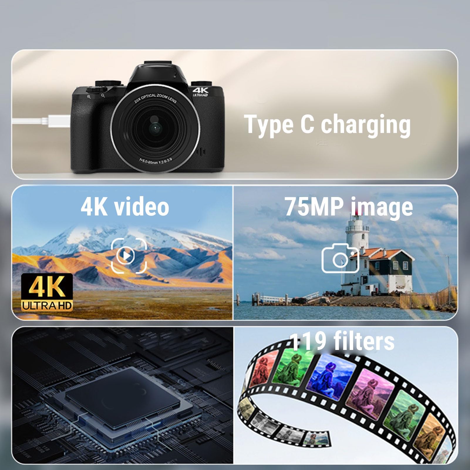 Fotocamera Digitale, Fotocamere 4K per Fotografia Video, Touch Screen WiFi da 75 MP Vlogging, Zoom Ottico Touch Screen da 4 Pollici Flash Paraluce Batteria 3000 MAh, per