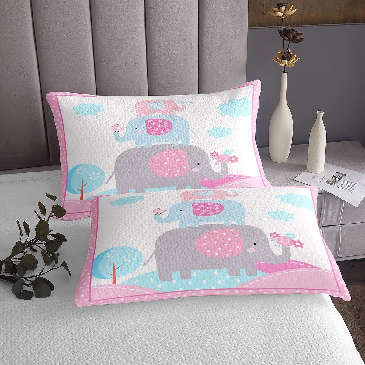 Cute Elephant Bedspread Set Queen Size for Kids,Girls Cartoon Animals Quilt Set Pink Teal White Bedspread Coverlet Kawaii Girly Dreamy Bedspread 3 Piece Decorative Bedding Quilted with 2 Pillow Shams