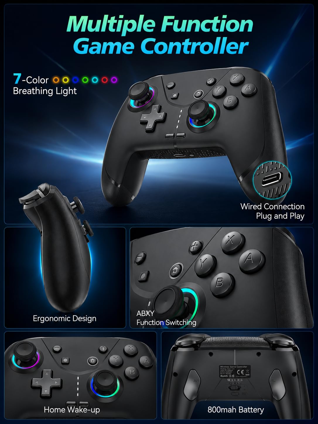 aghi Switch 2 Pro Controller with Hall Effect Joysticks and One Key Wake Up | Wireless Game Controller for Switch 2/Switch/Lite/OLED, with Turbo, Dual Vibrations, Loop Macro, 6-Axis Gyro, 800mAh, Black
