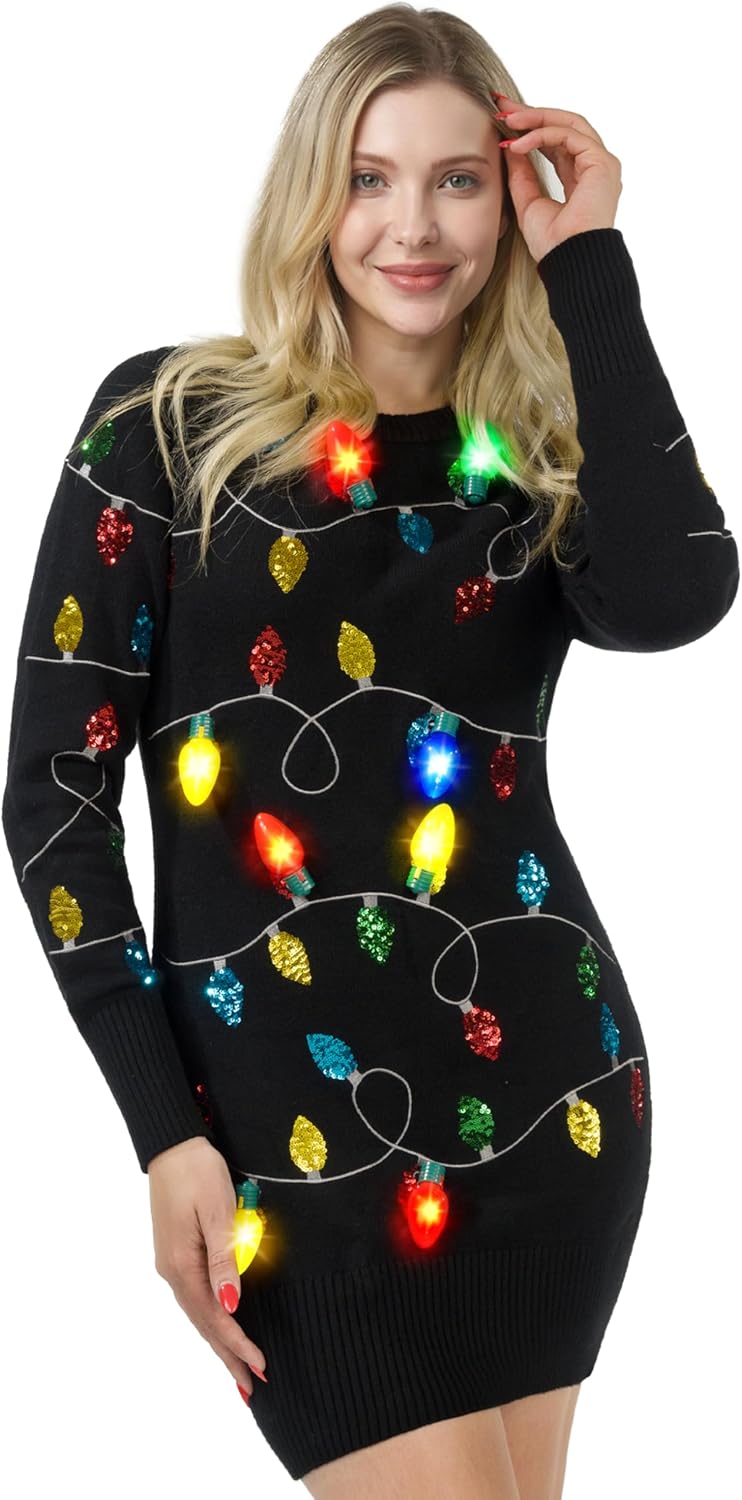 Giggling Getup Womens Light Up Ugly Christmas Sweater Dress with Light Up Bulb, Sweater Dresses for Women 2025 - Image 2