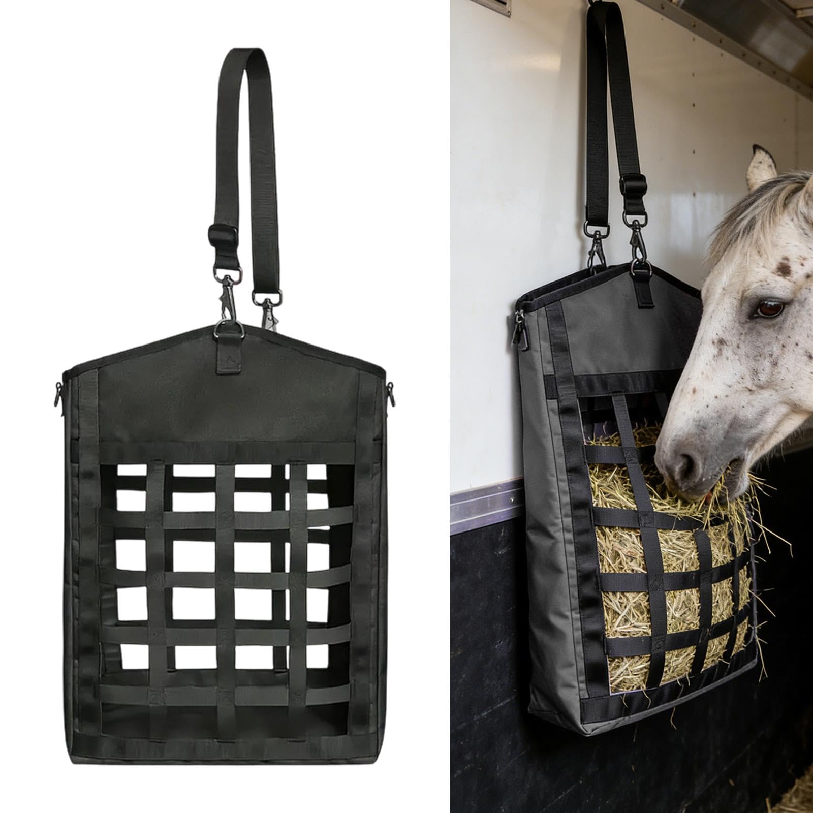 Heunetz für Pferde, Nylon Heusack mit Großer Öffnung Und Faltbarem Design für Den Transport von Tieren Im Stall, bei The P, Schwarz