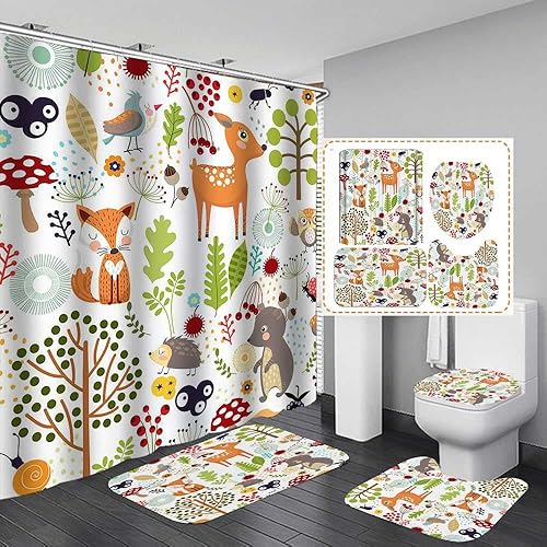 SKAILIÉ Juego de cortinas de ducha para niños, diseño de ciervos y zorro, erizo, búho, pájaro, caracol, hongo, bayas, árbol, bosque, animales,