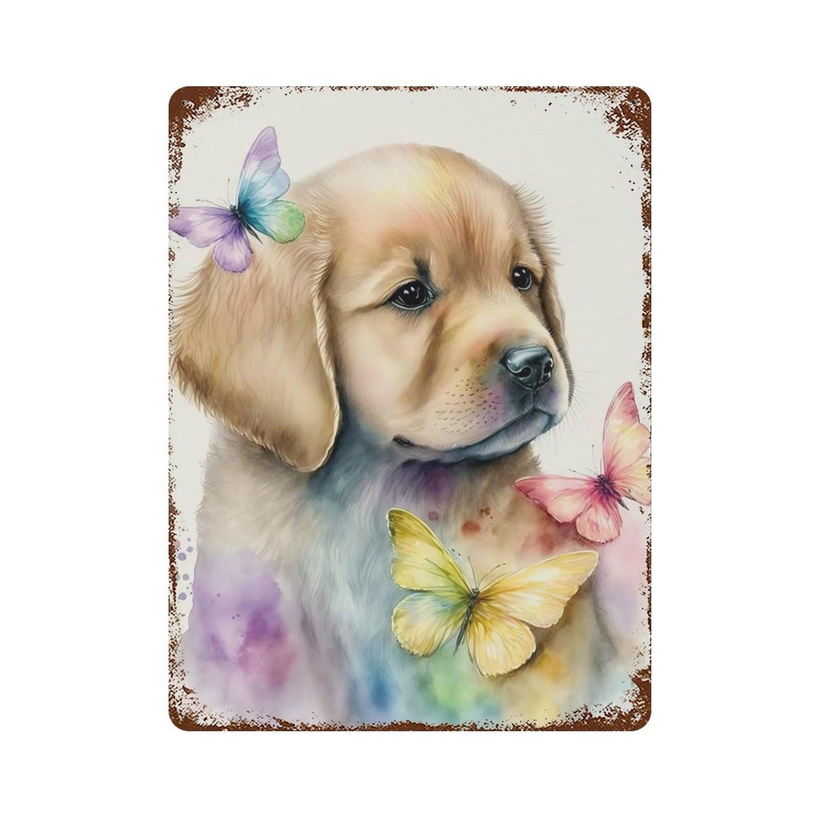 Butterfly Golden Retriever 15.7"x11.8" Distressed Metal Wall Sign, Shabby Chic Decor for Office, Studio And Wall Decor