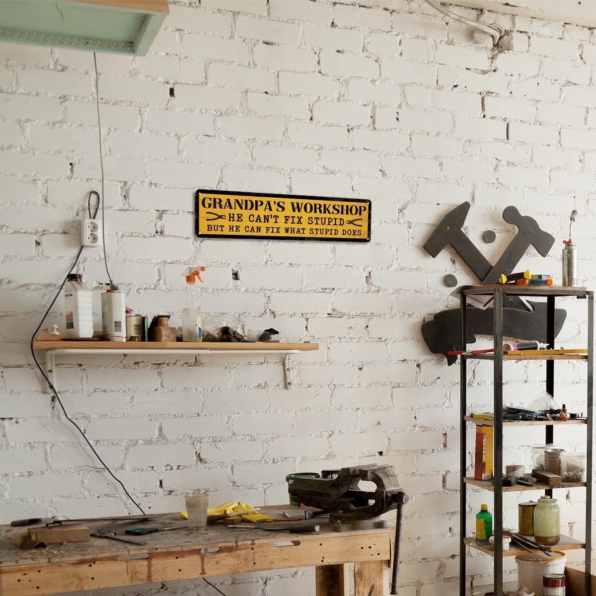 Metal Hanging Vintage Sign, Retro Man Cave Decor, Grandpa's Workshop He Can't Fix Stupid, Christmas Garage Studio Decor, Decorative Metals Wall Signs, Unique Christmas Gift For Grandpa - Image 4