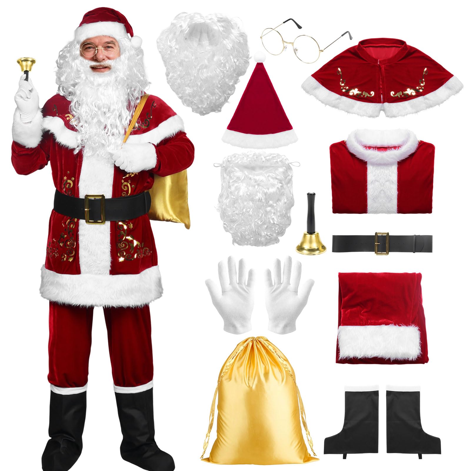 SERTAS Deluxe 12-Pcs Santa Suit Costume for Adults,Santa Costume for Adults with Classic Red Jacket,Christmas Fancy Dress Outfit for Holiday Parties (M)