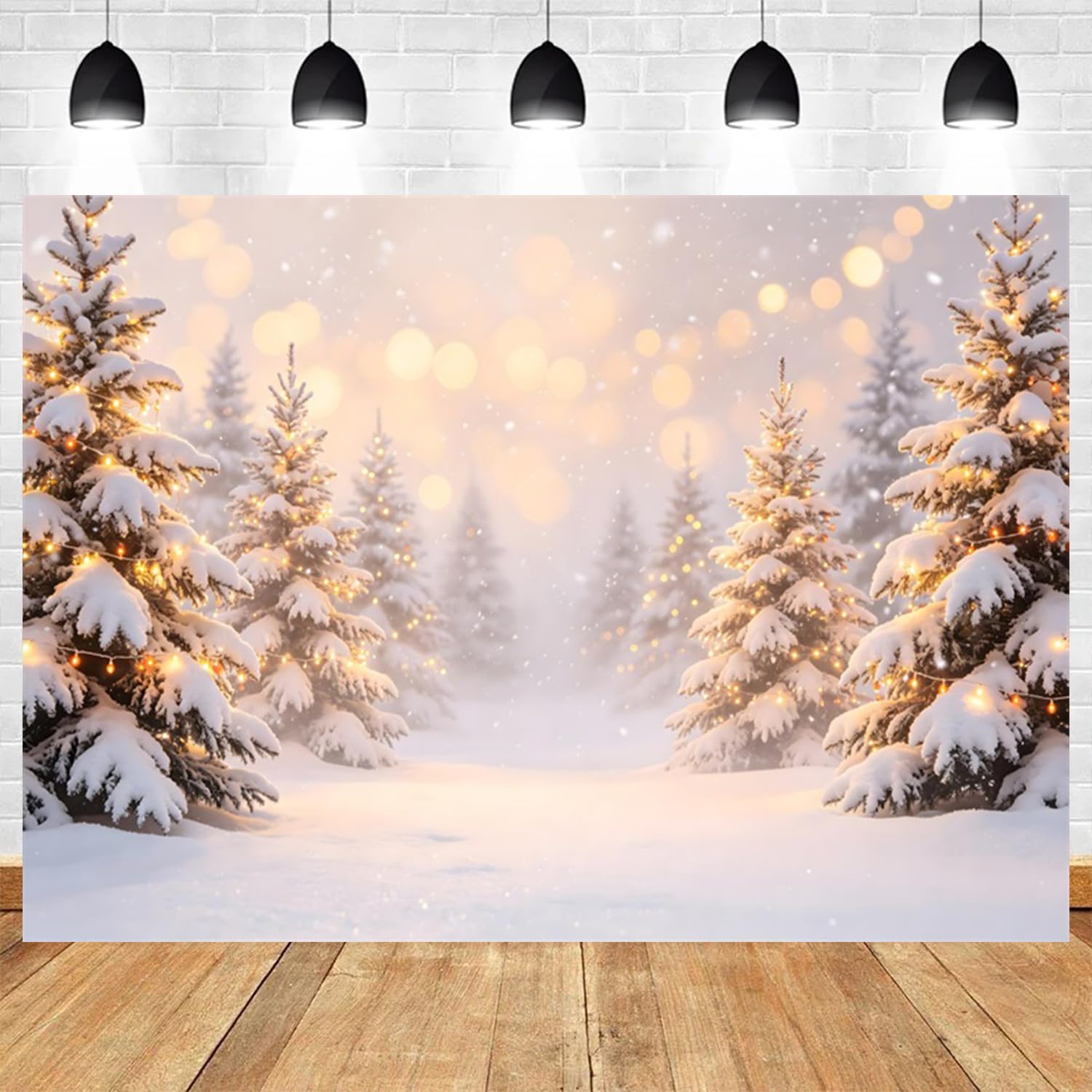 3 x 2,4 m Inverno Wonderland Fotografia Sfondo innevato Pino Foresta con neve che cade Luci Dorate Sfondo per Natale Capodanno Festa Photo Booth Ritratto Sparare Decorazioni Vacanze