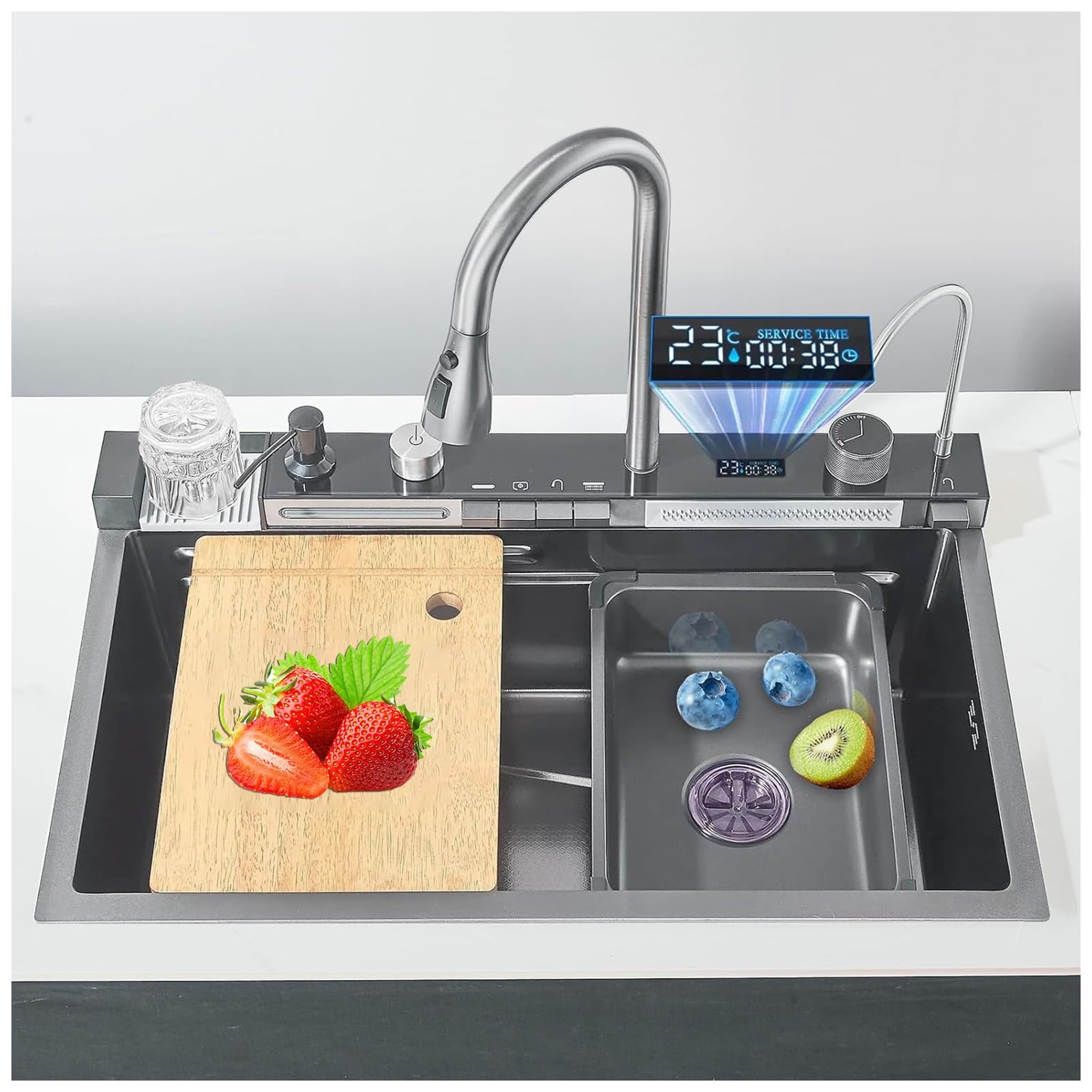 ZQFHSX Smart Kitchen Sink with Temperature Display Stainless Steel Workstation Cup Washer Nano-Coated Single Bowl Dual Waterfalls(Black Grey,80x45x21cm)