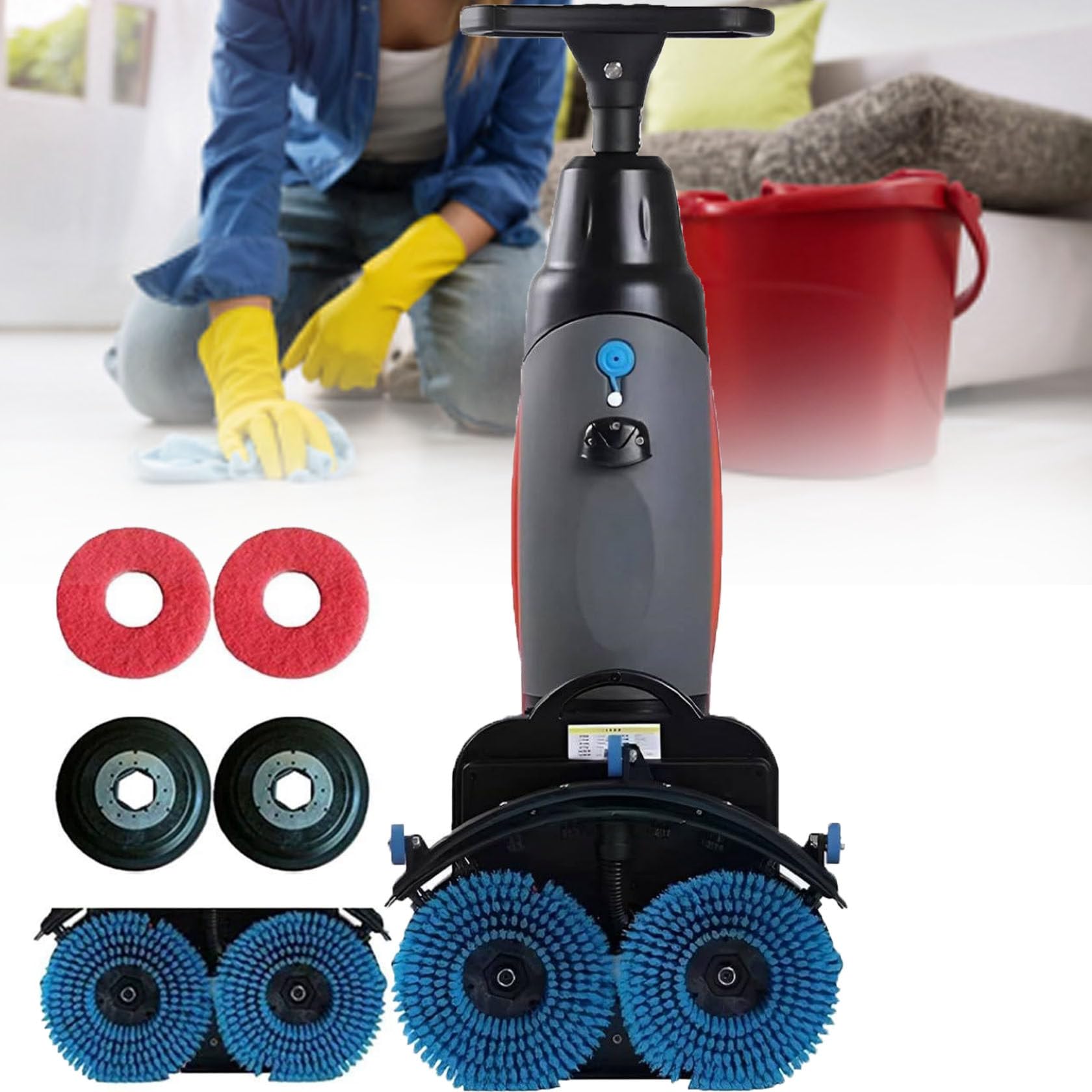 Electric Floor Scrubbers Machine,Floor Buffer Polisher Machine, 17” Cleaning Width, W/Double Brush Disc Battery-Powered,Separate 4l And 7l Water Tanks (White)