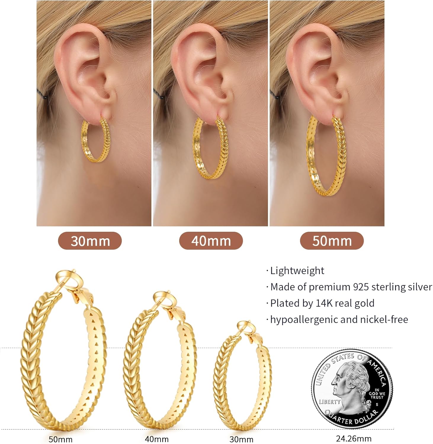 PABBEU Sterling Silver Hoop Earrings, 925 Sterling Silver Hoops Earrings for Women, Lightweight Silvers Hoops Earrings, Hypoallergenic Large Silvers Hoop Earrings for Women Gift 30/40/50MM - Image 3