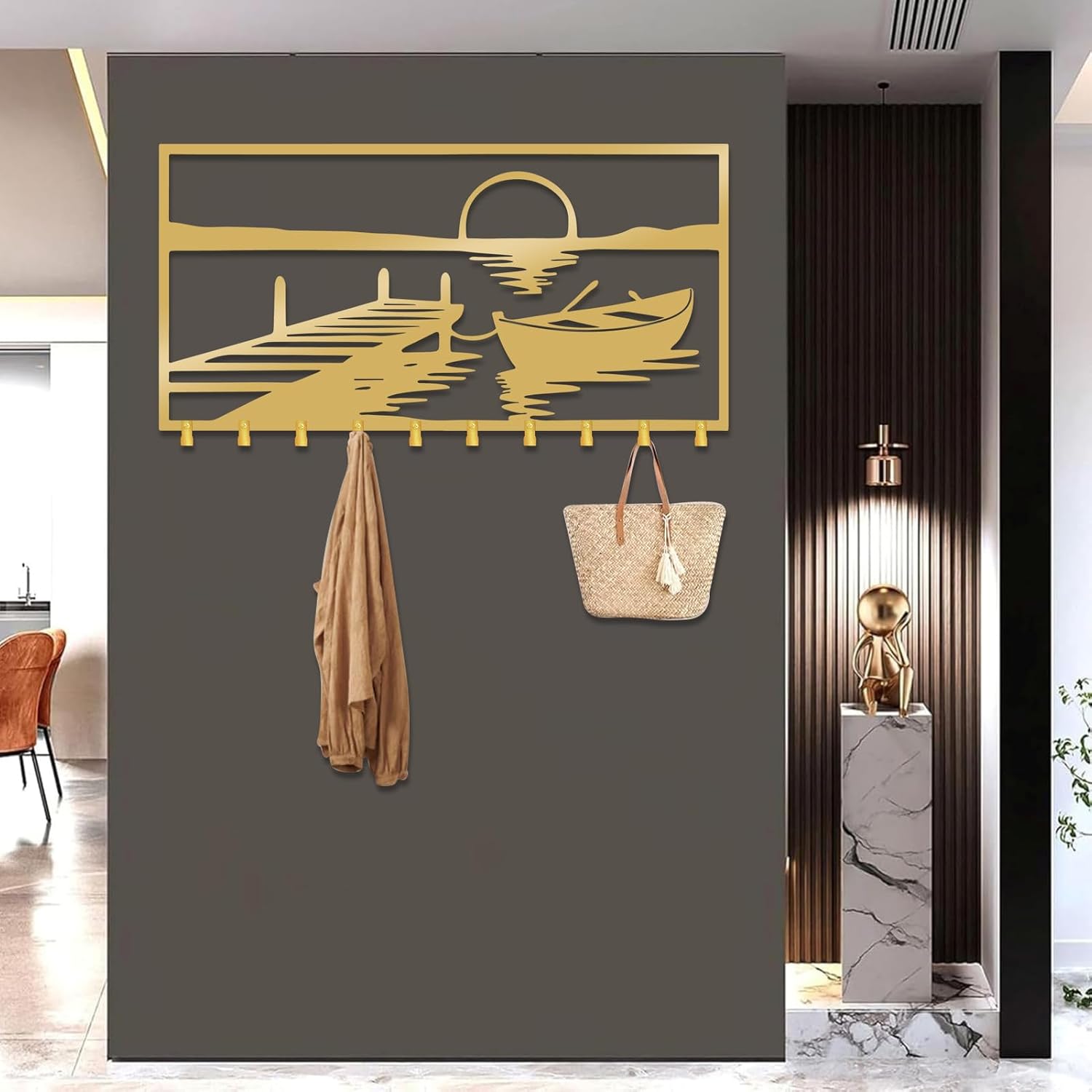 Lake Boat Metal Wall Hook, Sunset Metal Wall Hook, Nautical Lake House Coat Rack, Nautical Coat Rack & Key Hanger for Lake House, Entryway (Gold, 30"x15")