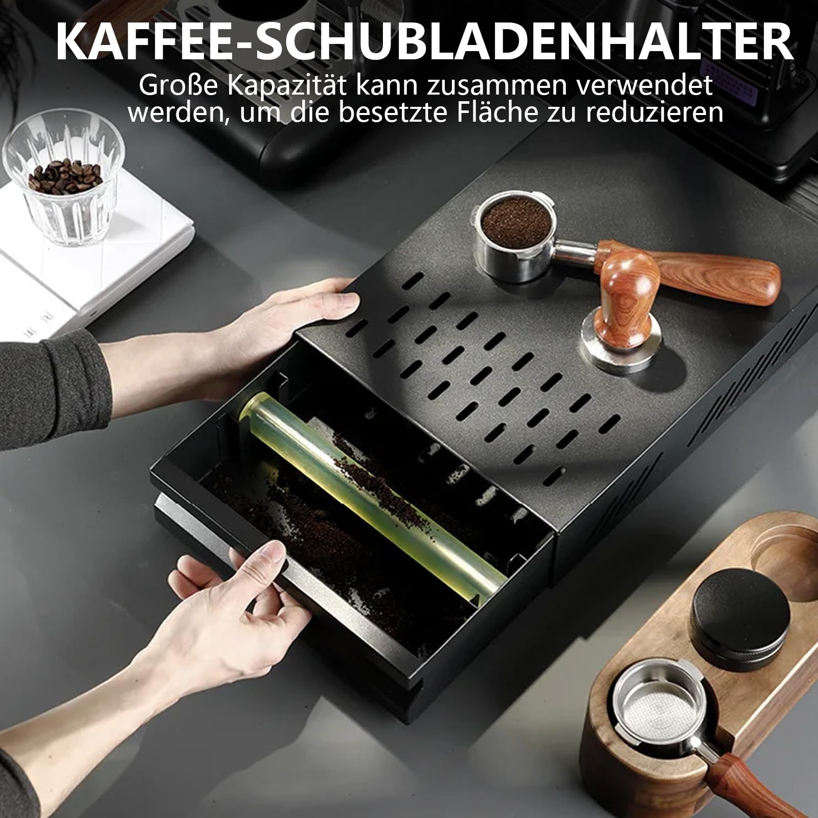 Contenitore per caffè in acciaio inox, adatto per tutte le macchine da caffè (nero, 34,5 x 25 x 8 cm)