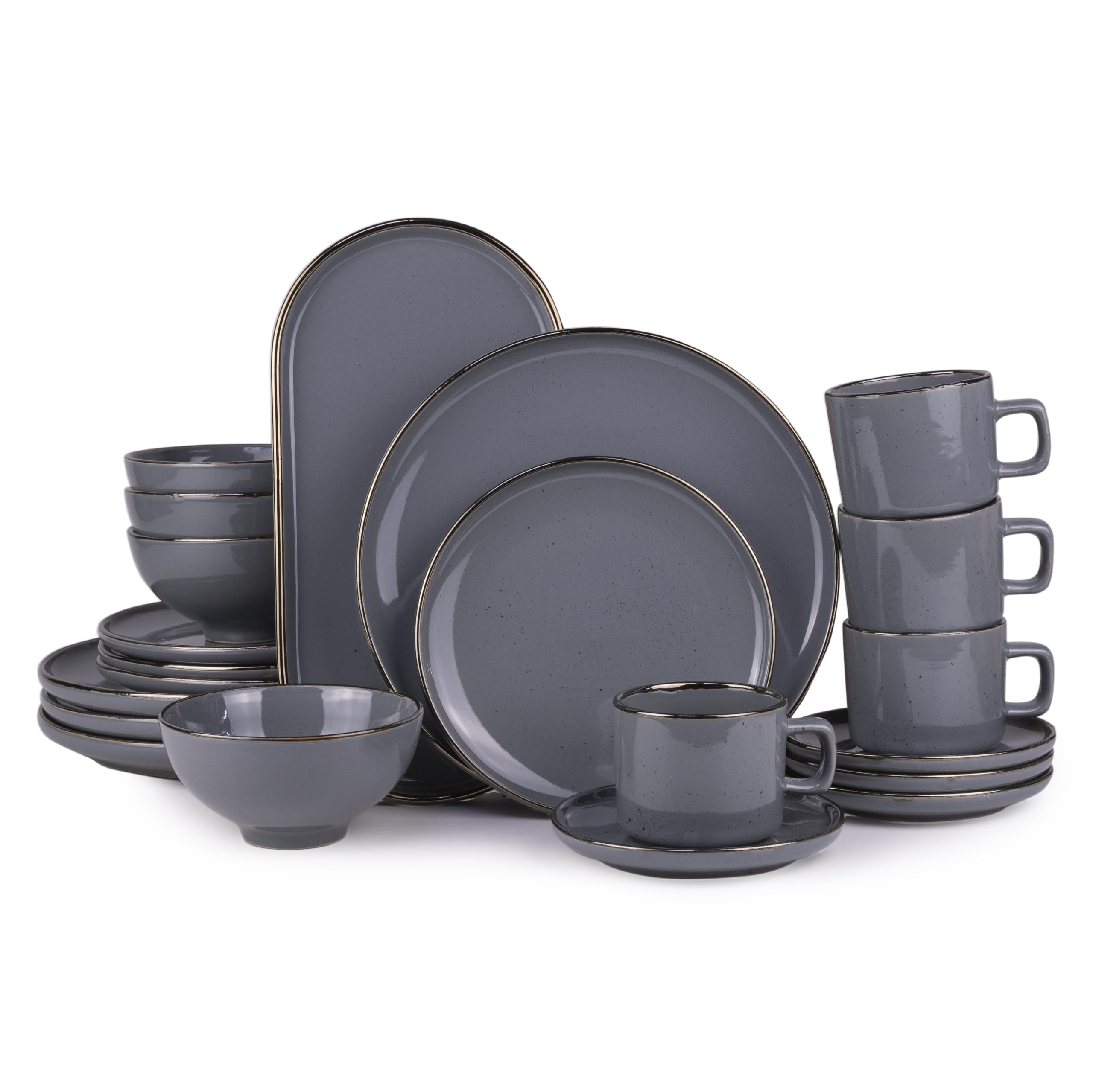 Bone China 21-Pieces Stoneware Dinnerware Set, Dinner Set, Kitchen Dinnerware Ceramic Crockery Set, Dinner Service Set for 4, 26cm Dinner Plate, 20m Plate, Cereal Bowl, cup & saucer, Platter NOMA