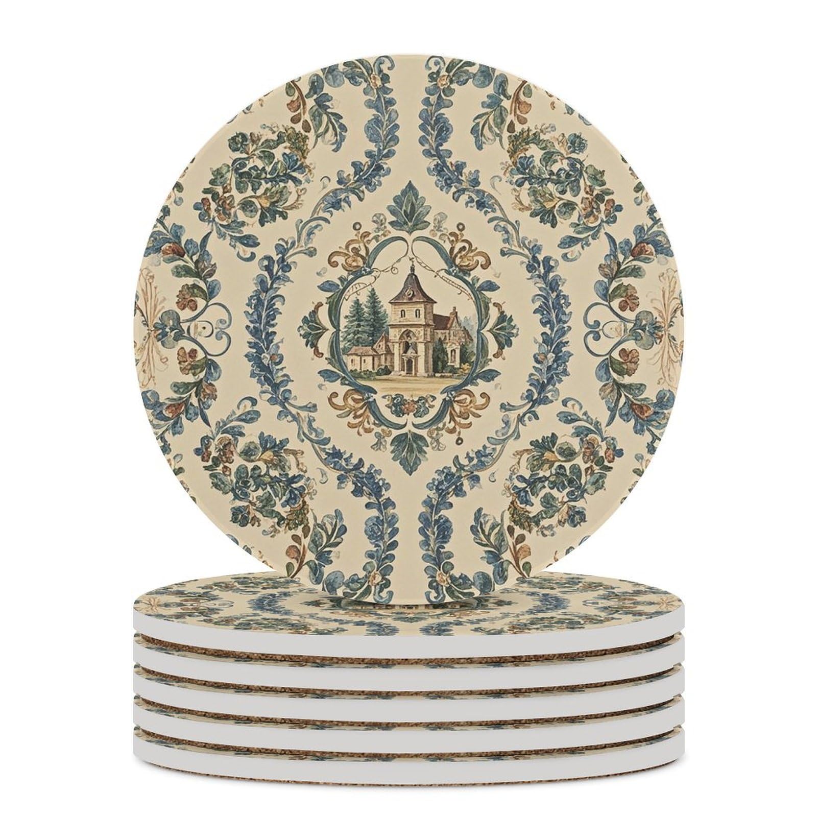 Ghbnk Style 6Pcs Drink Coasters French Country Absorbent Ceramic Coasters For Drinks Round Coaster Decorative Coffee Table Coaster Set With Cork Backing For Table Protection