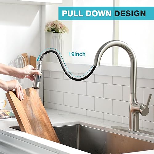 Miniatura 4 de Grifo de cocina, grifo de cocina de níquel cepillado con rociador extraíble, grifo de fregadero de cocina de acero inoxidable de arco alto de una