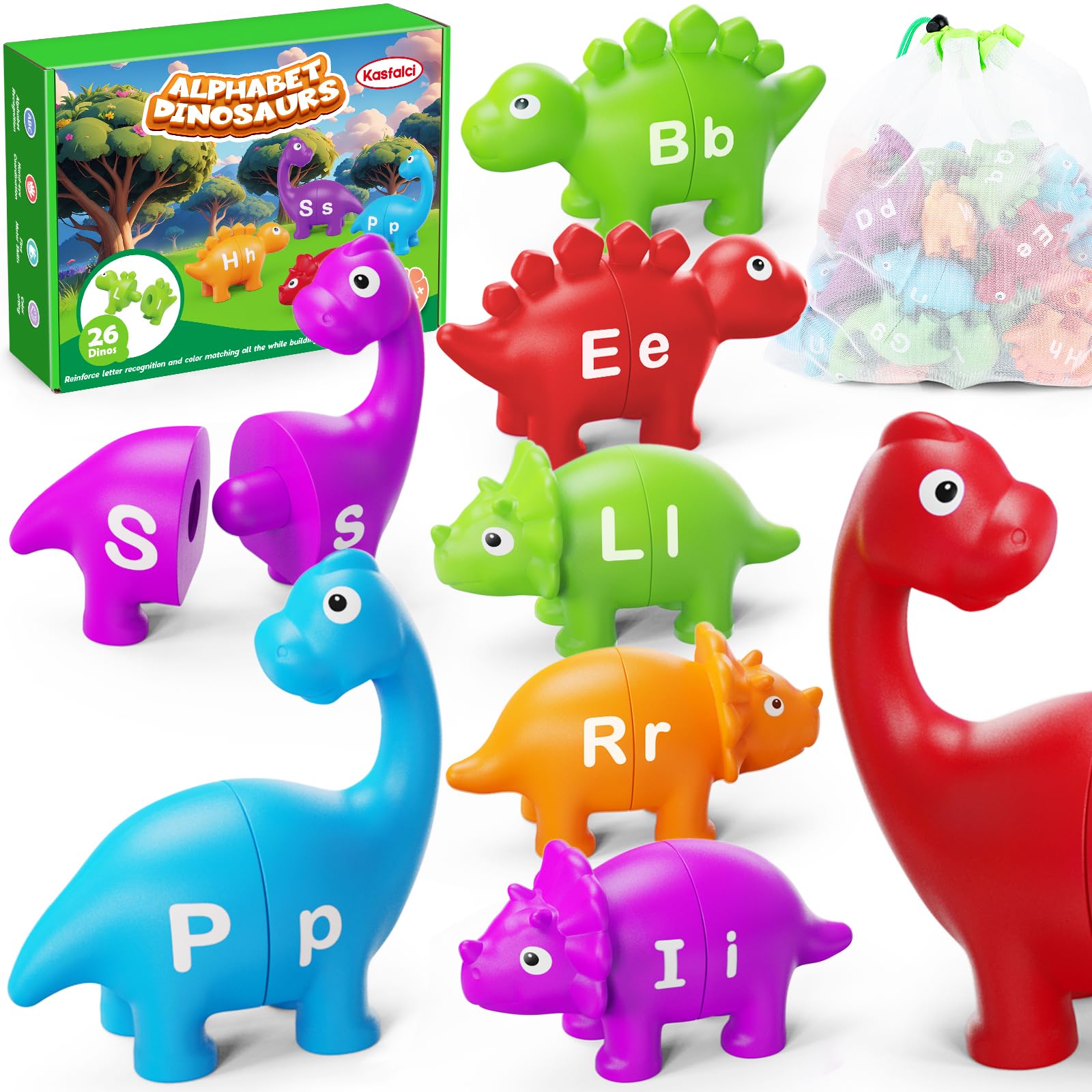 Kasfalci Alphabet Learning Toys, Dinosaur Toys for Kids, ABC Learning for Toddlers, Matching Letter Game,Color Sorting,Educational Montessori Fine