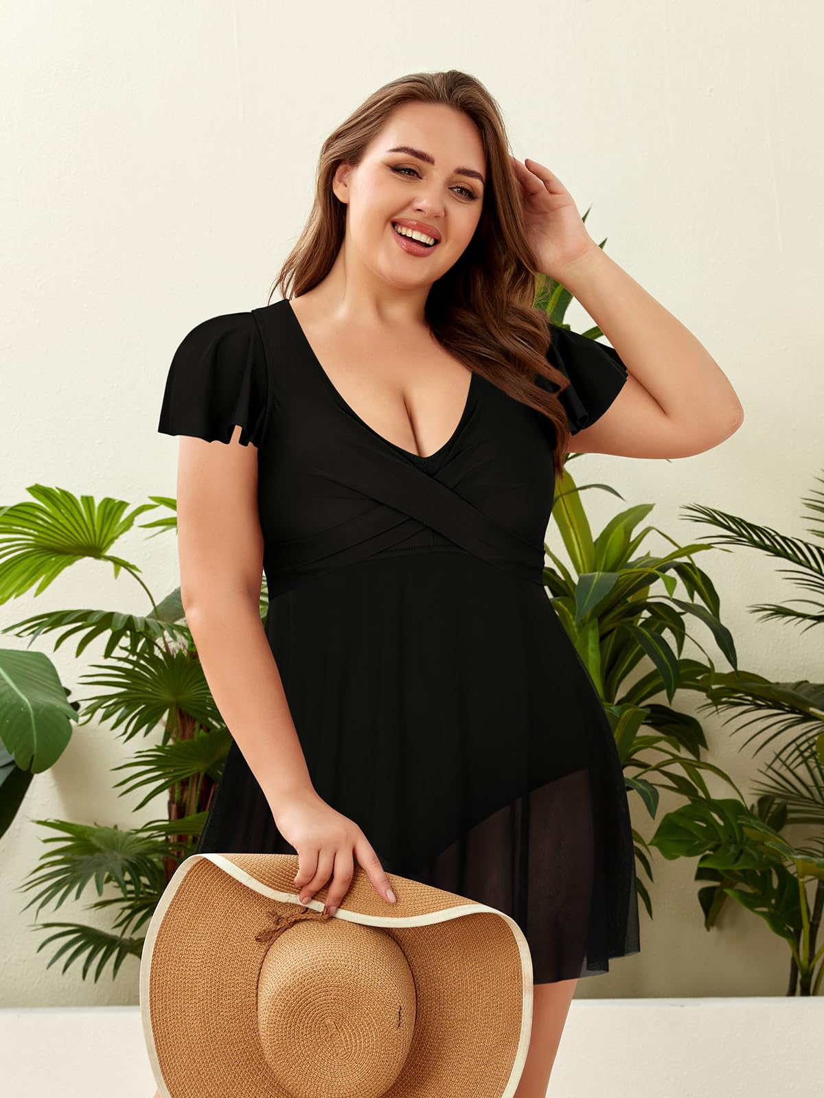 SHEKINI Maillot de Bain Une Pièce pour Femme Décolleté Plissé Croisé avec Poignets à Volants Grande Taille Maillot de Bain Jupette Femme