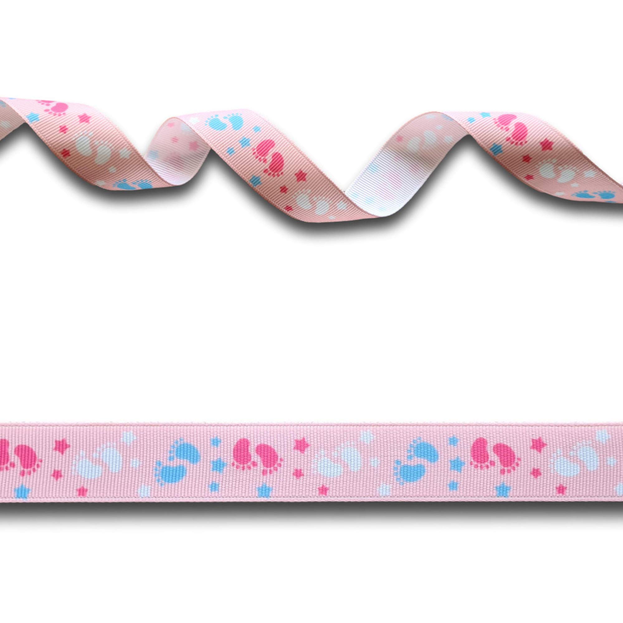 5 Yards (4.57 metres) White, Blue & Pink Baby Footprints Grosgrain Ribbon 22mm Wide, Ideal for Craft Projects Scrapbooking