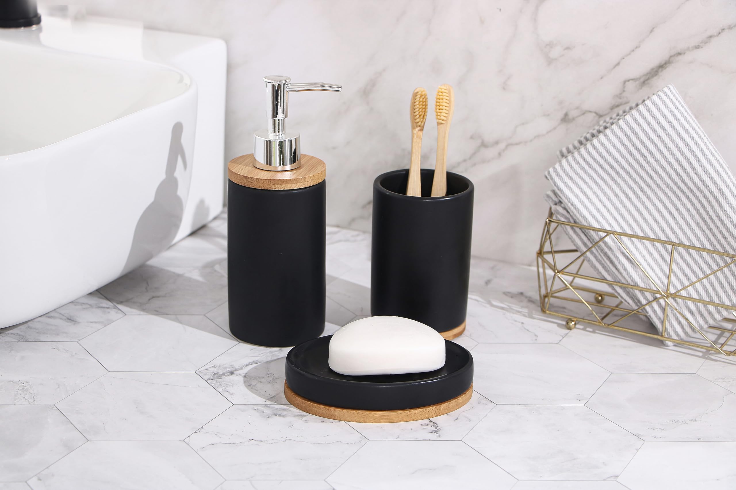 Juego de Accesorios de Baño, 4 Piezas, Negro y Bambú, Incluye Dispensador de Jabón, Portacepillos, Portaescobilla y Jabonera