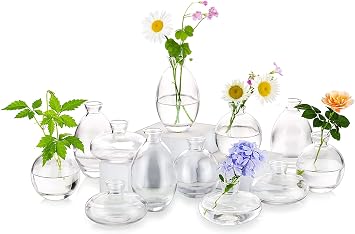 Glass Bud Vases Set of 12, Hewory Cute Clear Small Vases Handmade, Mini Glass Flower Vase for Floral Arrangement, Tiny Centerpiece for Wedding Party Events Home Office Table Decor Not Include Flower