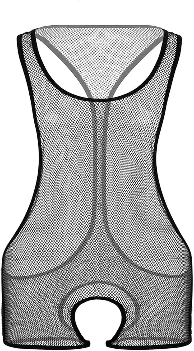 Agoky Men's One Piece Mesh Sheer Bodysuit Racer Back Open Front Hole