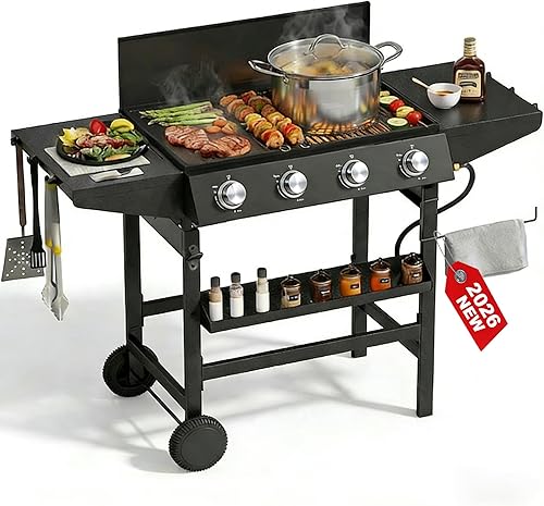 Miniatura 14 de Parrilla de Barbacoa de Gas Propano 2 en 1 con Quemador Lateral y Rejilla de Hierro Fundido Esmaltada en Porcelana, Plancha Plana de 4 Quemadores