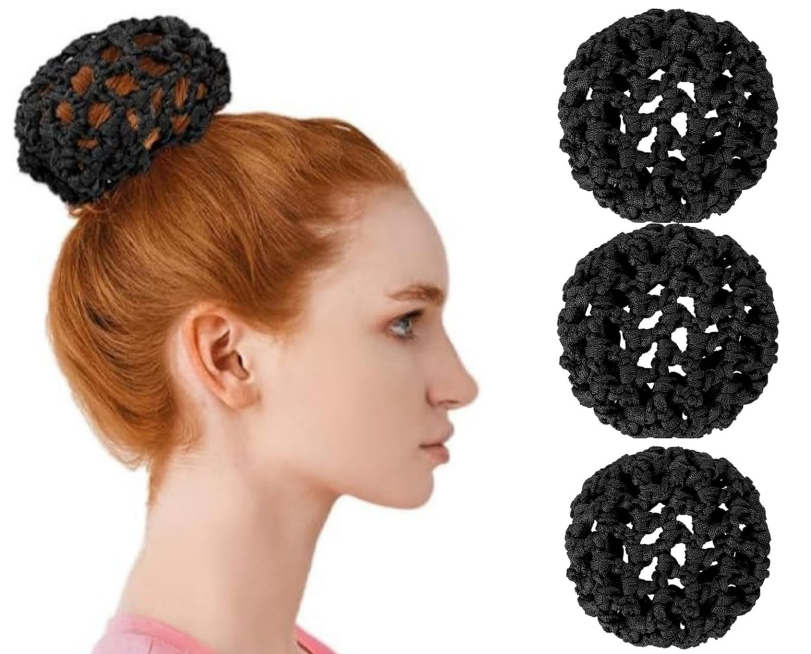 MISS LIRENN® 03 Pcs Juda Nets Invisible Knit Hairnets, Elastic Women Hair Nets Handmade Crochet Bun Cover Mesh Hair Bun Holders Snood Hair Bun Cover Hair Accessories for Skating Ballet and Dance(Black)