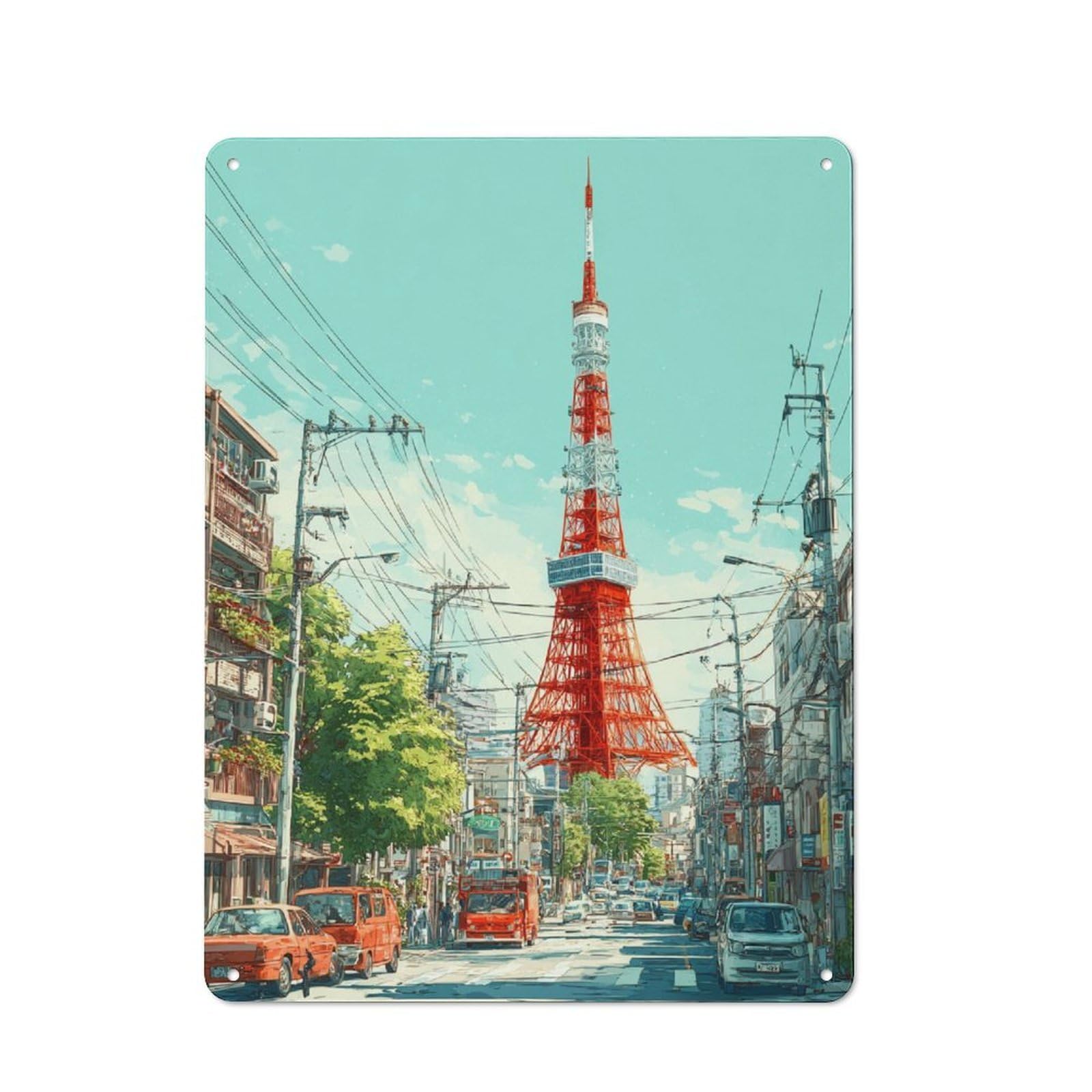 Junmoney Tokyo Tower Street Scene Metal Plaque 40X30cm With For Hallway Wall, Retro Decor, For Wall Display Collectors
