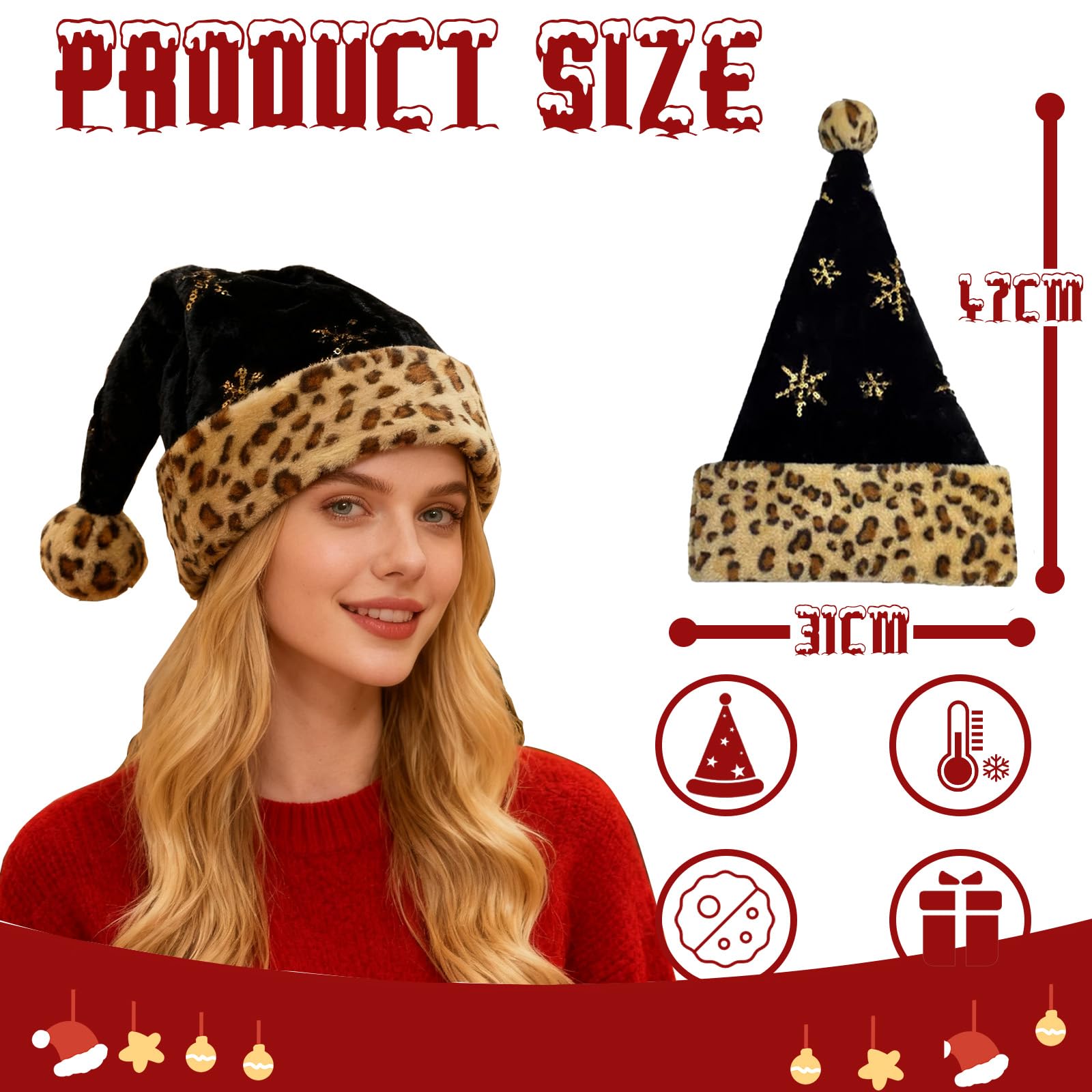 yayafunfun Leopard Print Santa Hat Sparkly Christmas Hats for Adults Kids Father Christmas Hats Costume - Image 2