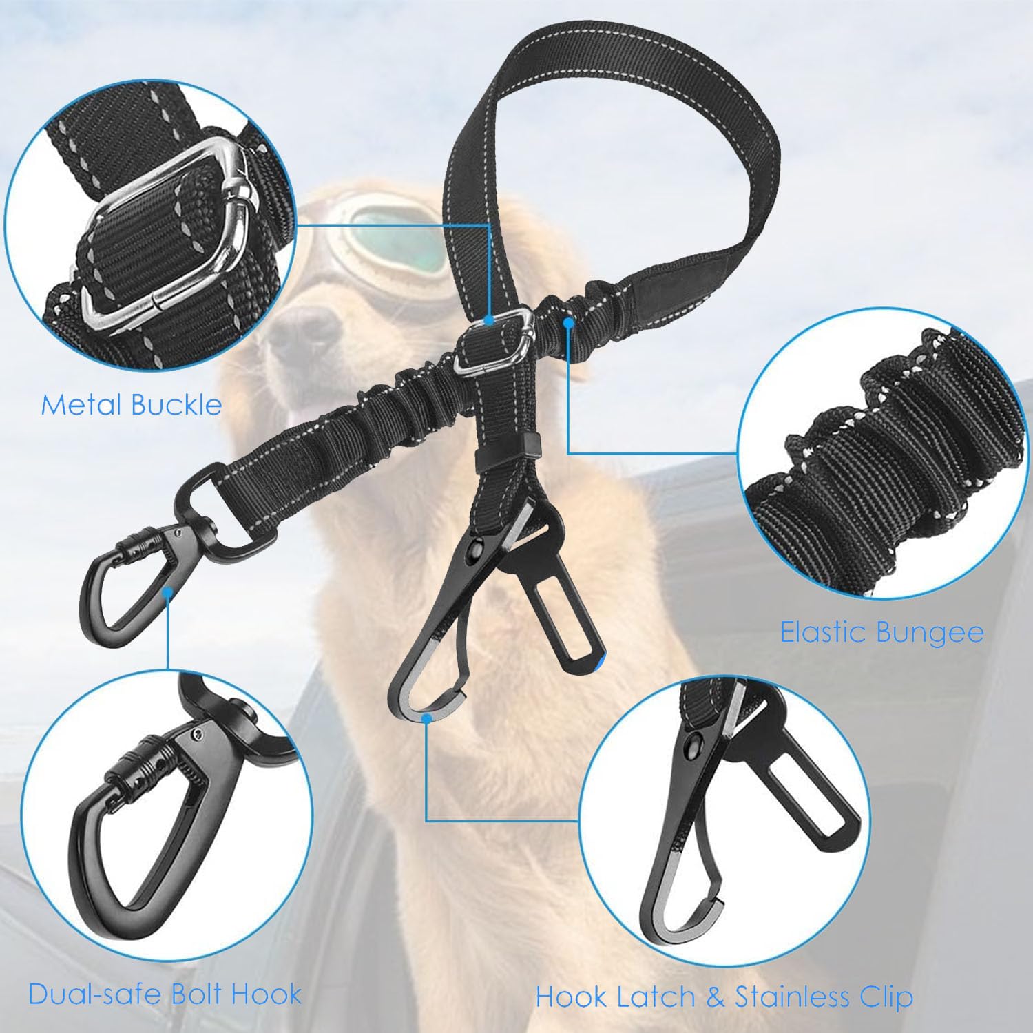 2 Pack Black Dog Seat Belt, Adjustable Dog Car Safety Belt with Reflective Bungee, Rotatable Carabiner, Suitable for Medium to Large Dogs Up to 150 lbs - image 4