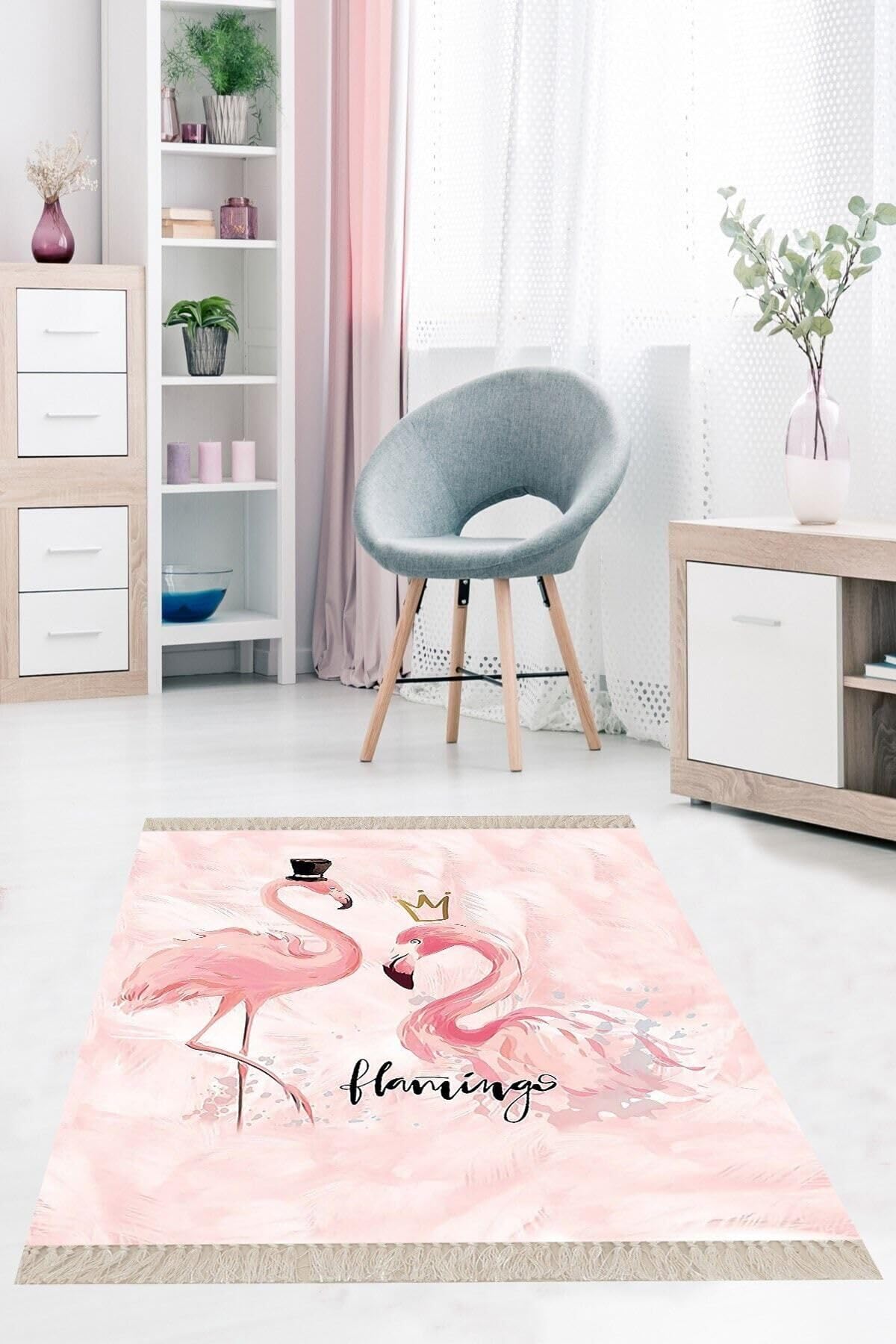Pelangi Pembe Flamingo Dijital Baskı Yıkanabilir Kaymaz Taban Modern Salon Halısı, Pembe 160 x 350