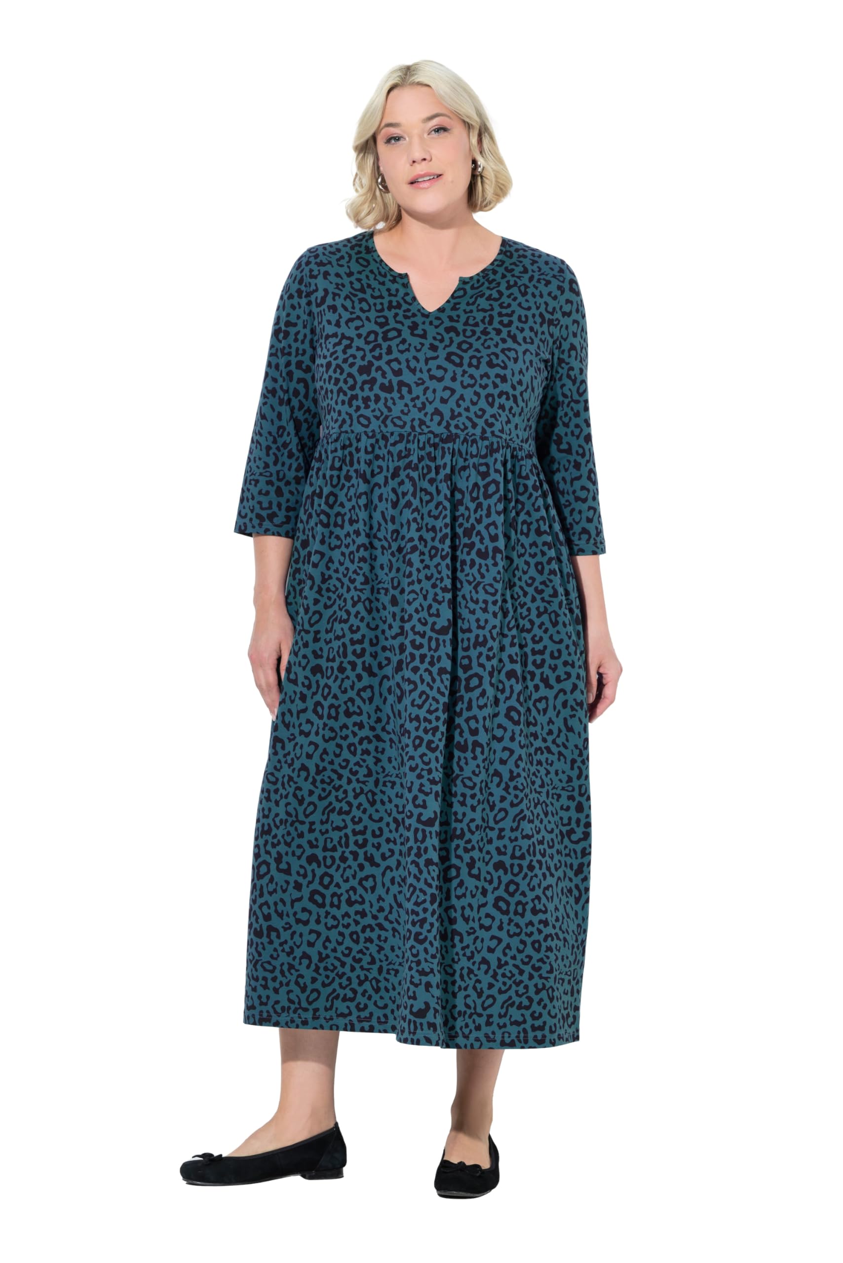 Ulla Popken Damen große Größen Übergrößen Plus Size Jerseykleid, A-Linie, Tunika-Ausschnitt, 3/4-Arm, Taschen 842461