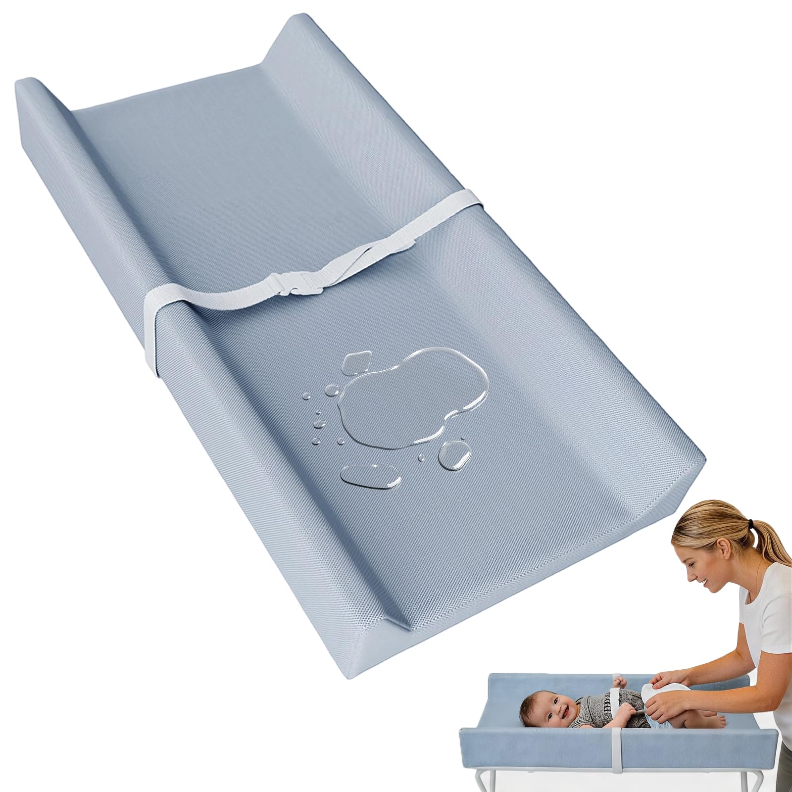 Anti Roll Baby Changing Mat, 80x40x10cm Soft Baby Change Mat Waterproof with Adjustable Safety Strap, PU Cover Non Slip Wipe Clean Nappy Changing Matt for Table Dresser (Blue)