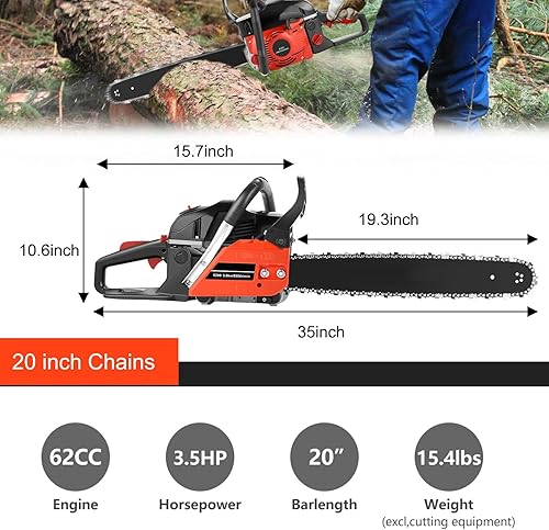 Miniatura 2 de Motosierra de gas de 62 CC de 20 pulgadas con 2 cadenas de sierra y kits de herramientas, motosierra a gas de 2 ciclos de 3.5 HP para cortar madera
