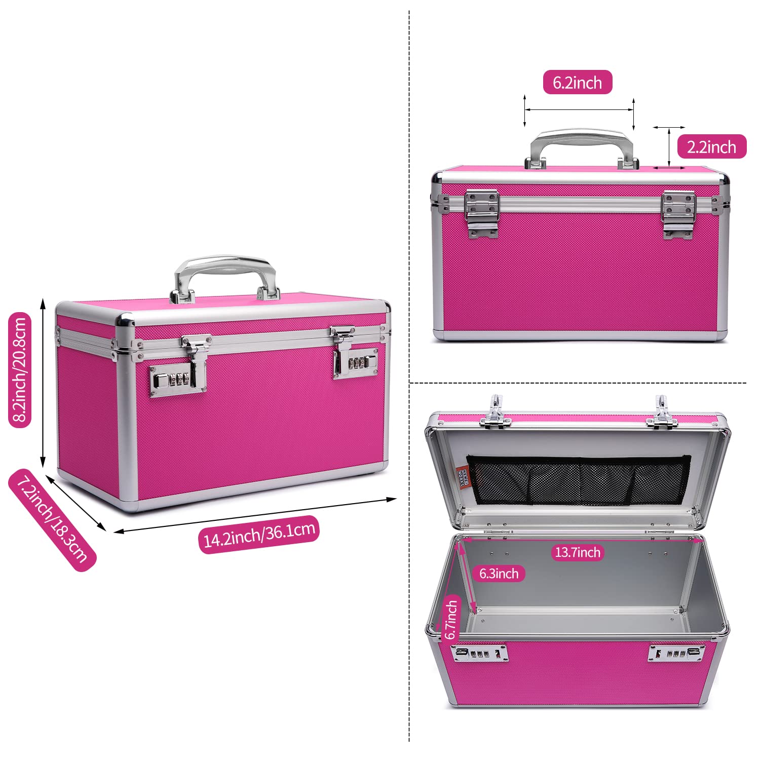 Caja bloqueable para medicamentos, 36,1 x 18,3 x 20,8 cm, adecuada para el almacenamiento de farmacia y objetos personales importantes, contiene un pastillero de plástico (ancho/rosa)