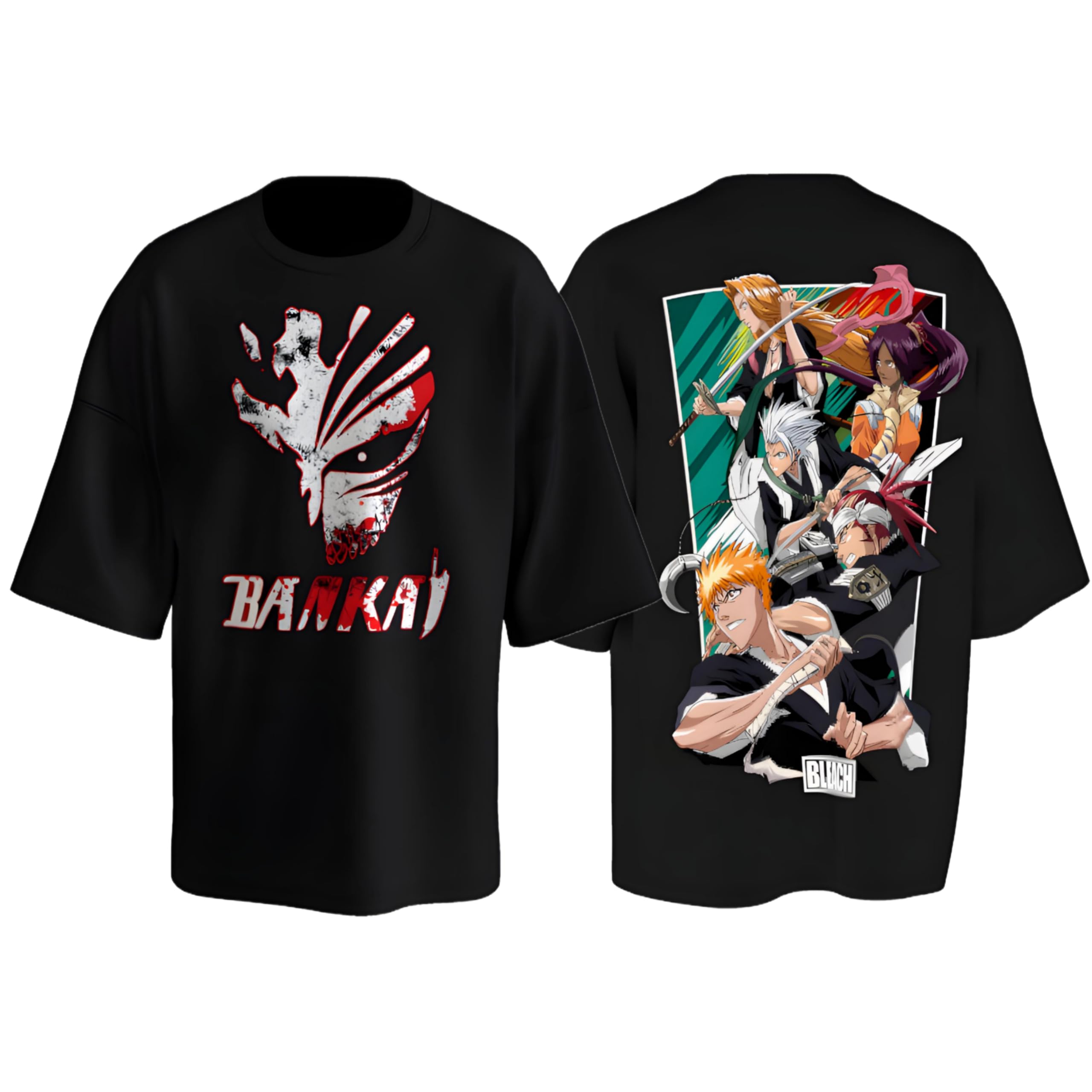 Bleach: Renji, Tohiro, Kisuke, Yoruchi, Ichigo with Bankai Text; Anime Graphic Tee, Premium Bio Washed 100% Cotton Regular Fit T-Shirt, Unisex Casual Top-image-6