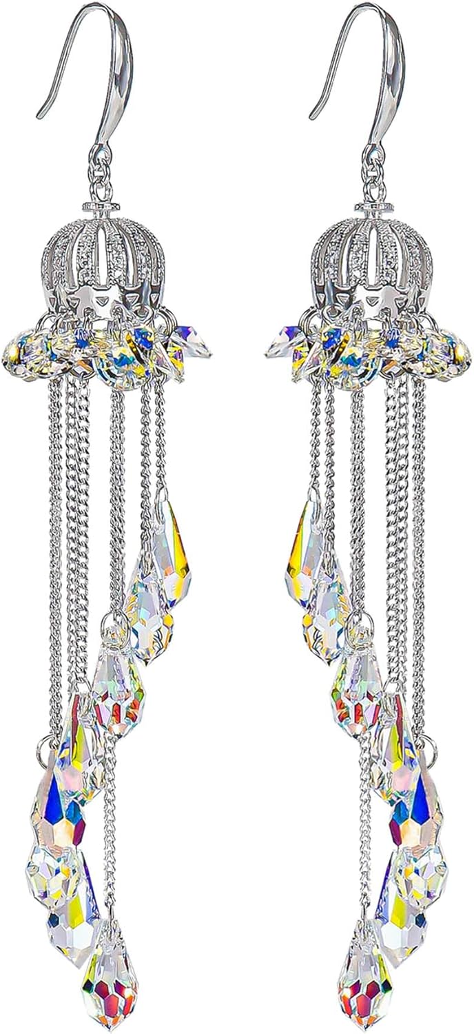 Charming Crown Dangle Earrings,Long Wind Chime Raindrops.S925 Sterling Silver Match with Crystal,Handmade Special Jewelry Gift for Women Ladies