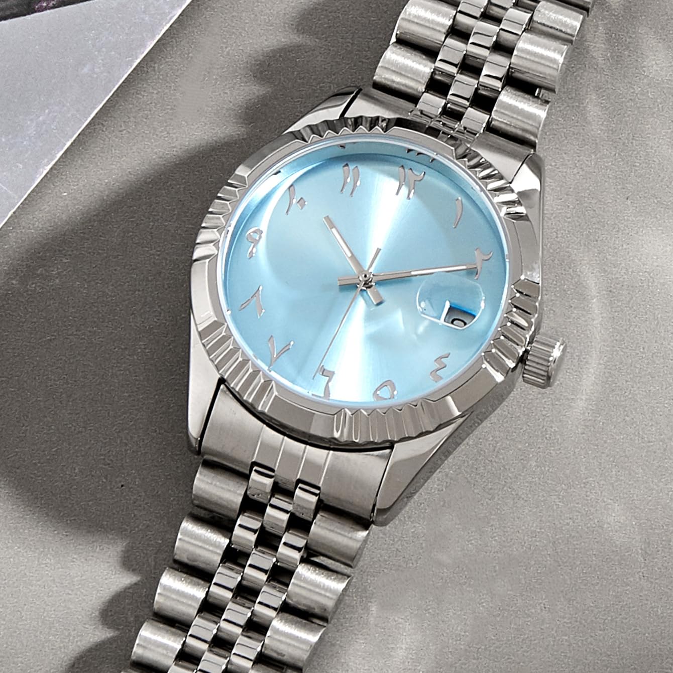 Boyarca Herren-Armbanduhr mit arabischen Ziffern, mechanisches Zifferblatt, automatisches Uhrwerk, 38 mm, Herren-Armbanduhr, Edelstahlarmband mit leuchtendem, wasserdichtem Datum, Hell, blau